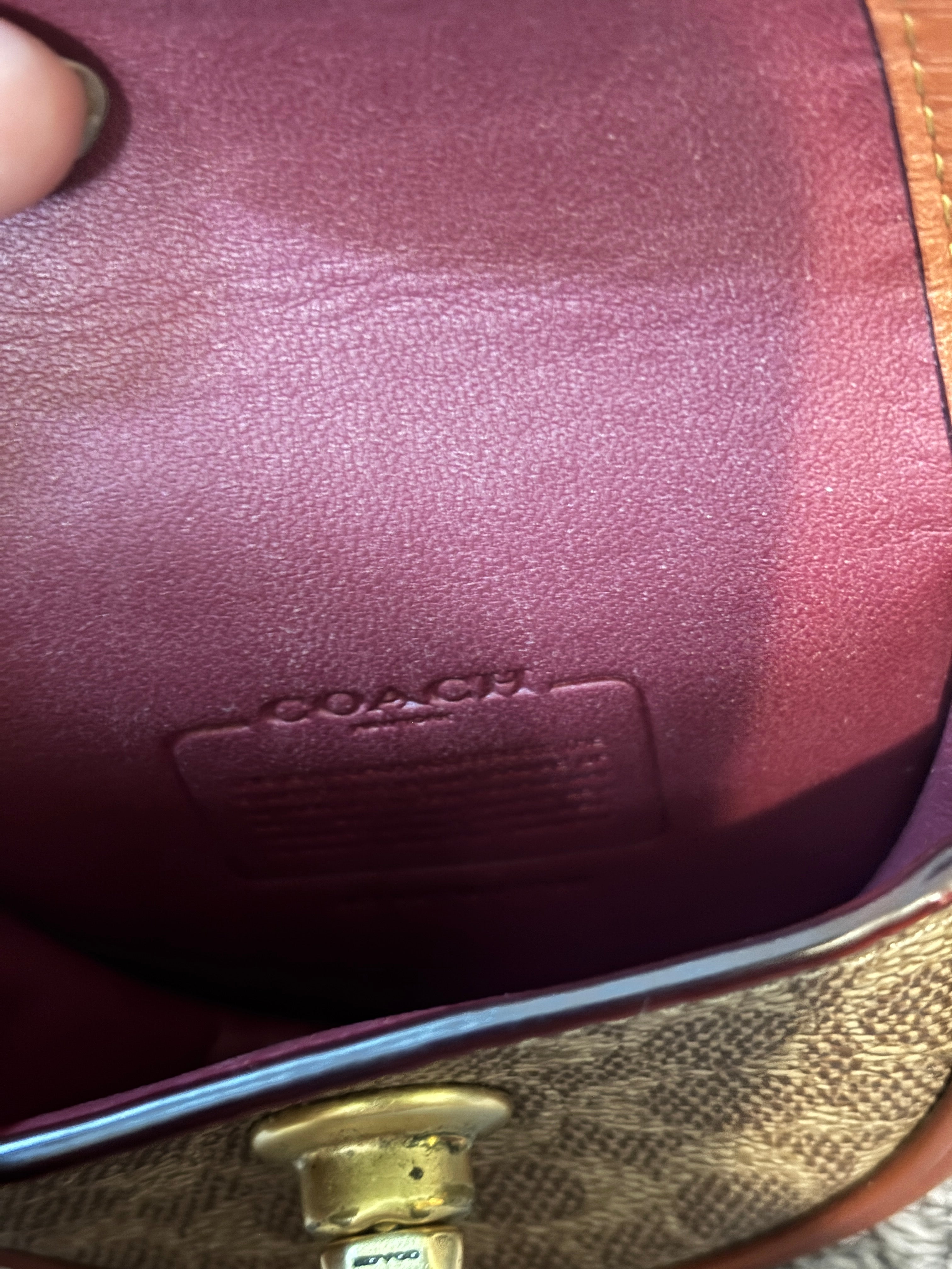 Coach Signature Canvas Mini Turnlock Bag Keychain Charm Brown Leather Trim