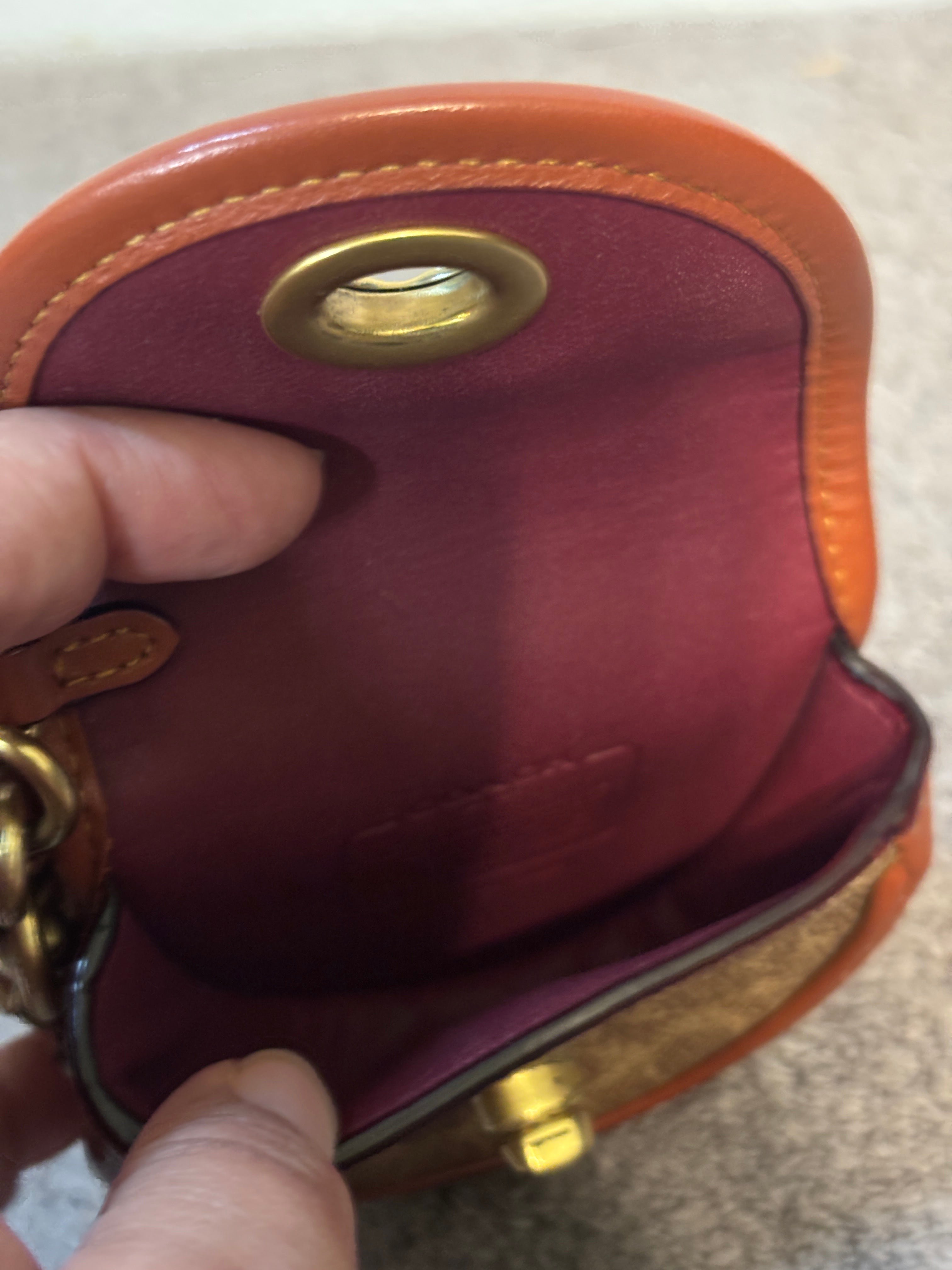 Coach Signature Canvas Mini Turnlock Bag Keychain Charm Brown Leather Trim