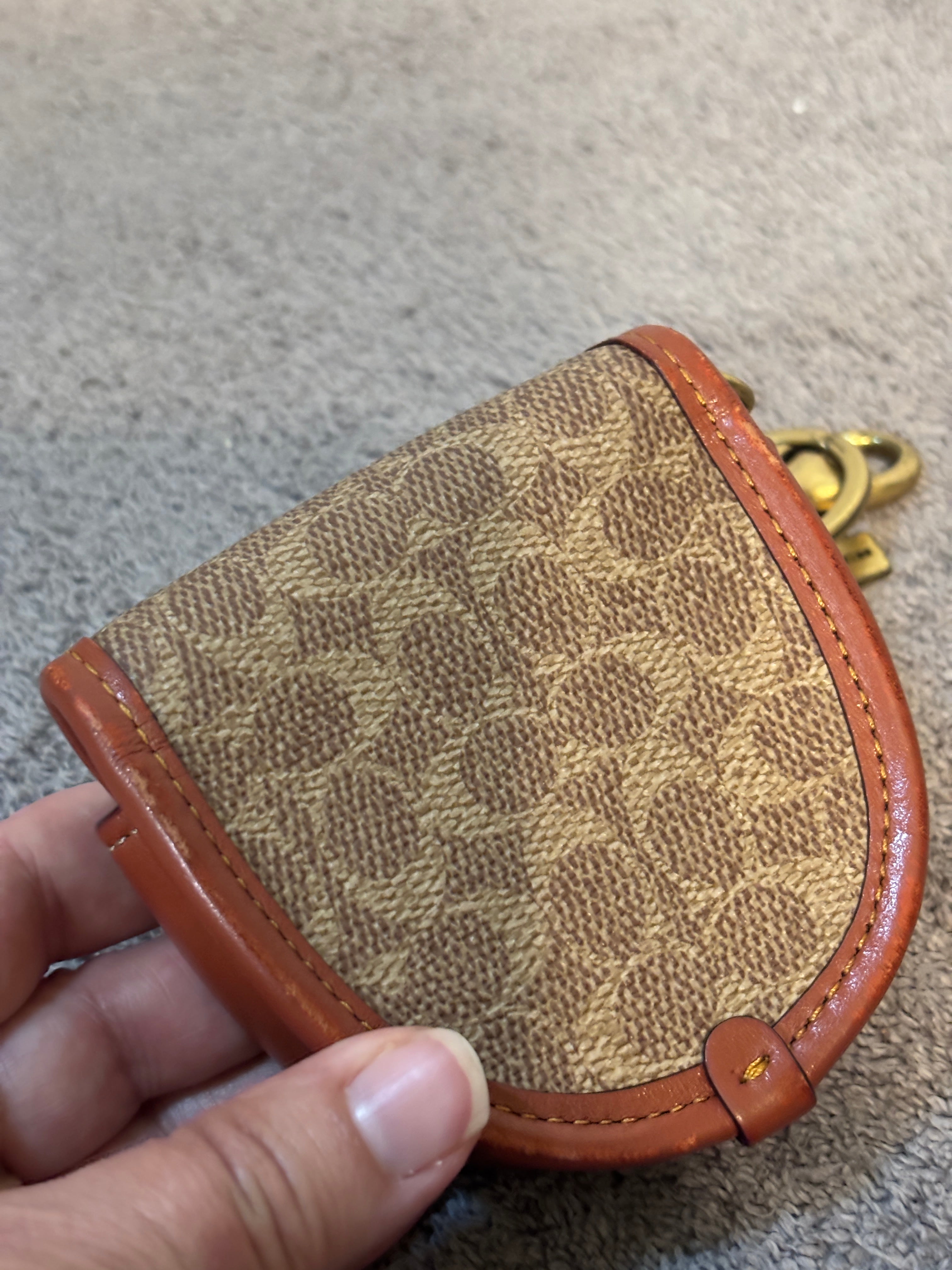 Coach Signature Canvas Mini Turnlock Bag Keychain Charm Brown Leather Trim