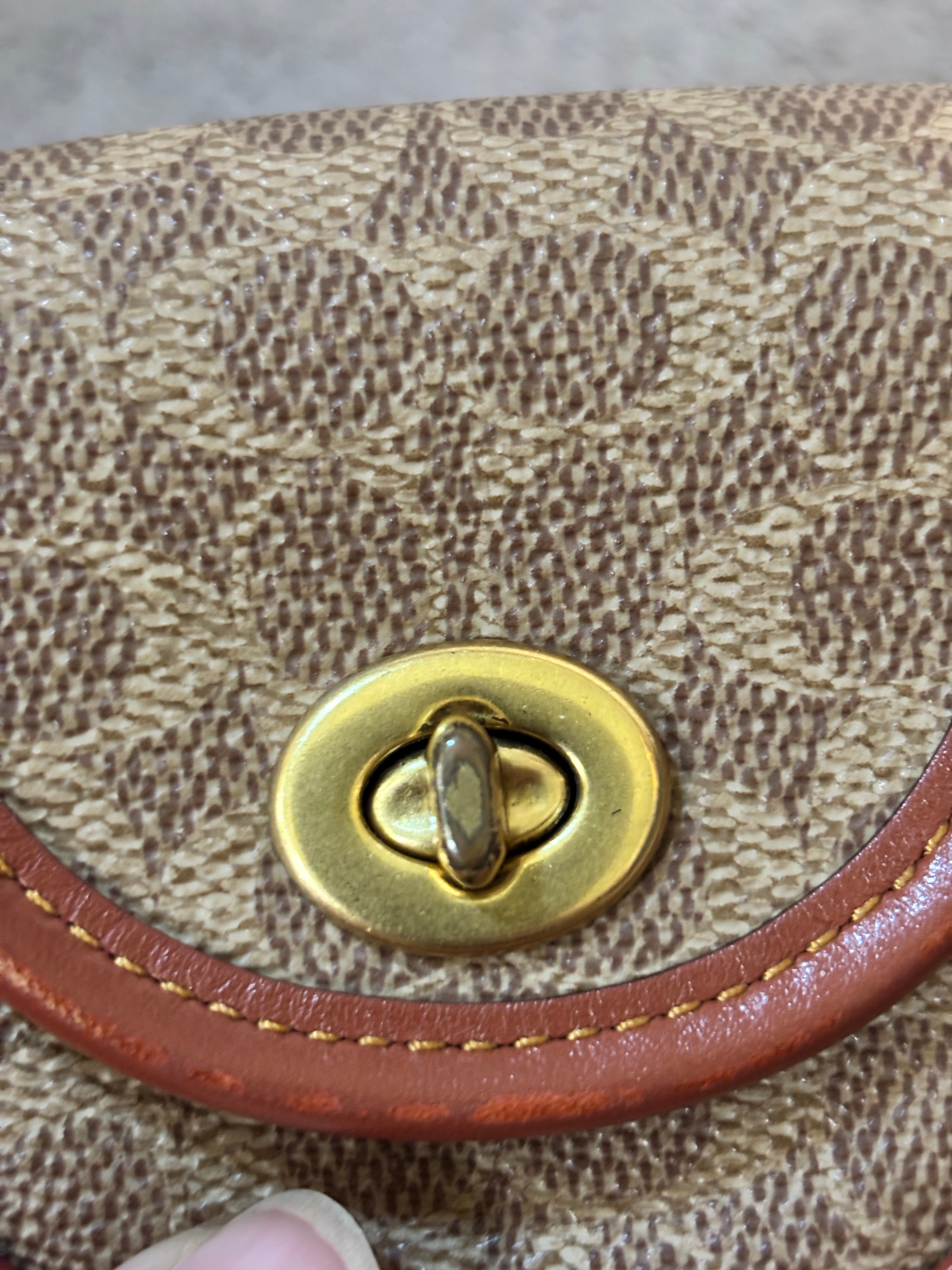 Coach Signature Canvas Mini Turnlock Bag Keychain Charm Brown Leather Trim