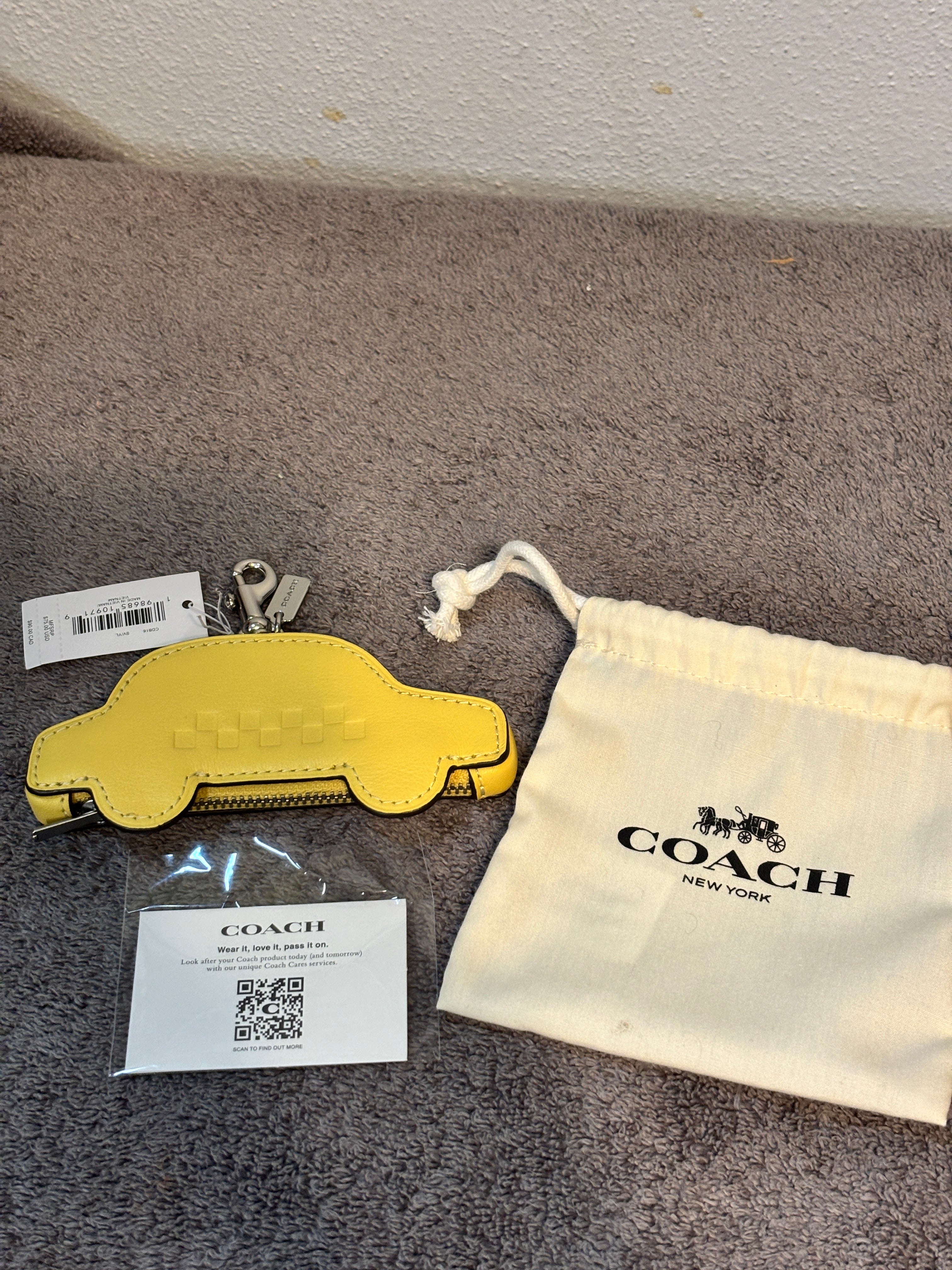 Coach Yellow Taxi Leather Coin Case Bag Charm Keychain NWT with Dust Bag