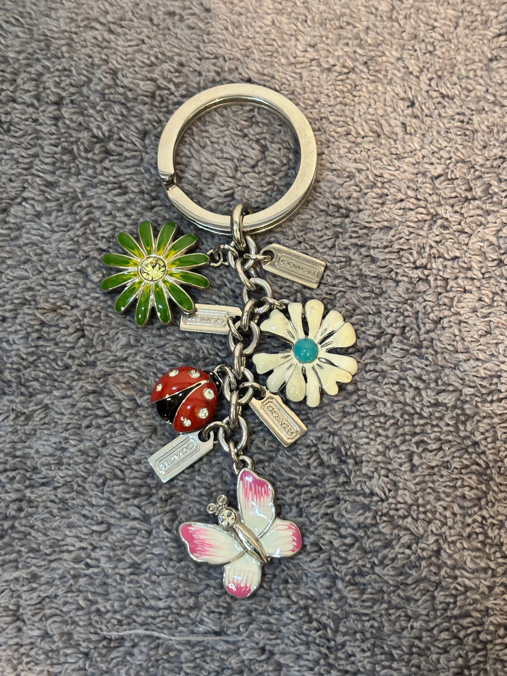 Y2K Coach Silver Tone Enamel Flower Ladybug Butterfly Key Ring Bag Charm
