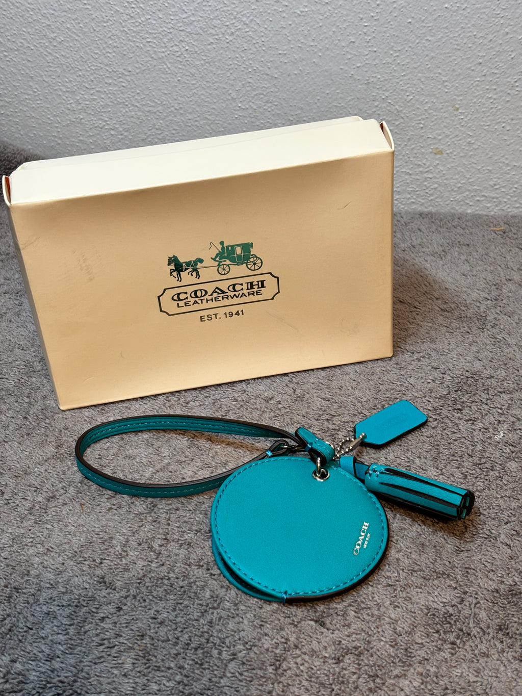 Coach Turquoise Leather Double Circle Mirror Key Fob Tassel Charm with Box