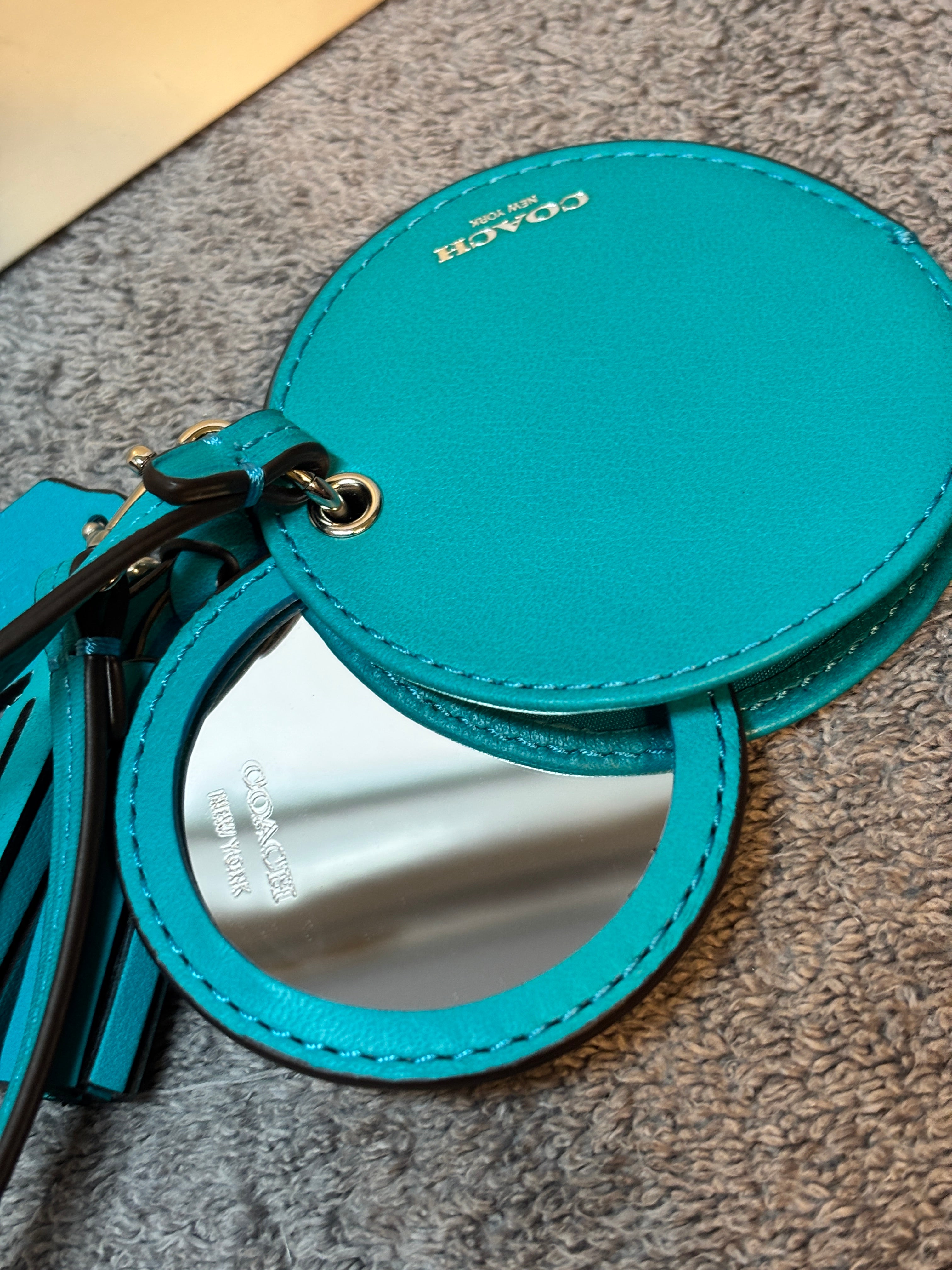 Coach Turquoise Leather Double Circle Mirror Key Fob Tassel Charm with Box