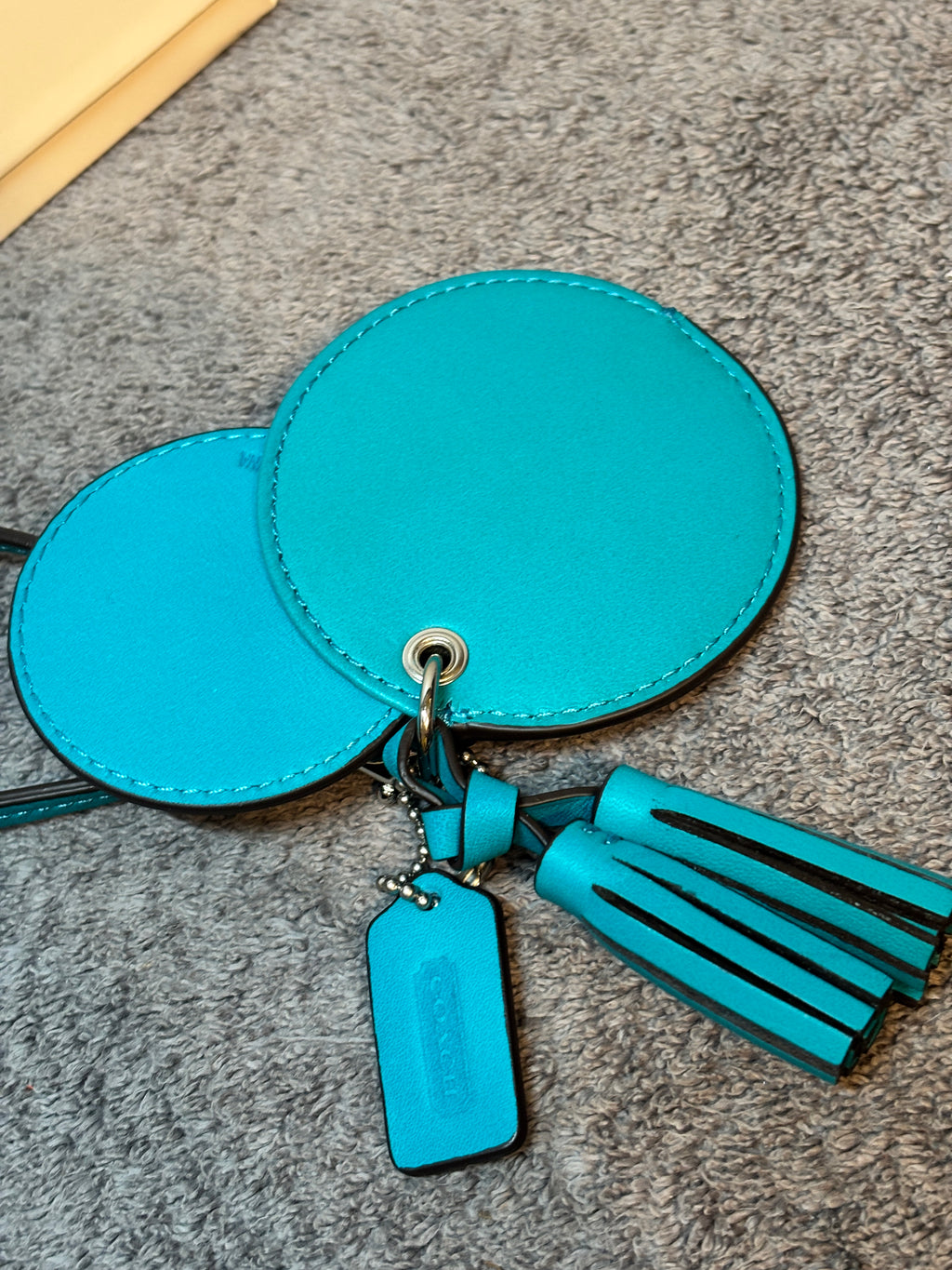 Coach Turquoise Leather Double Circle Mirror Key Fob Tassel Charm with Box