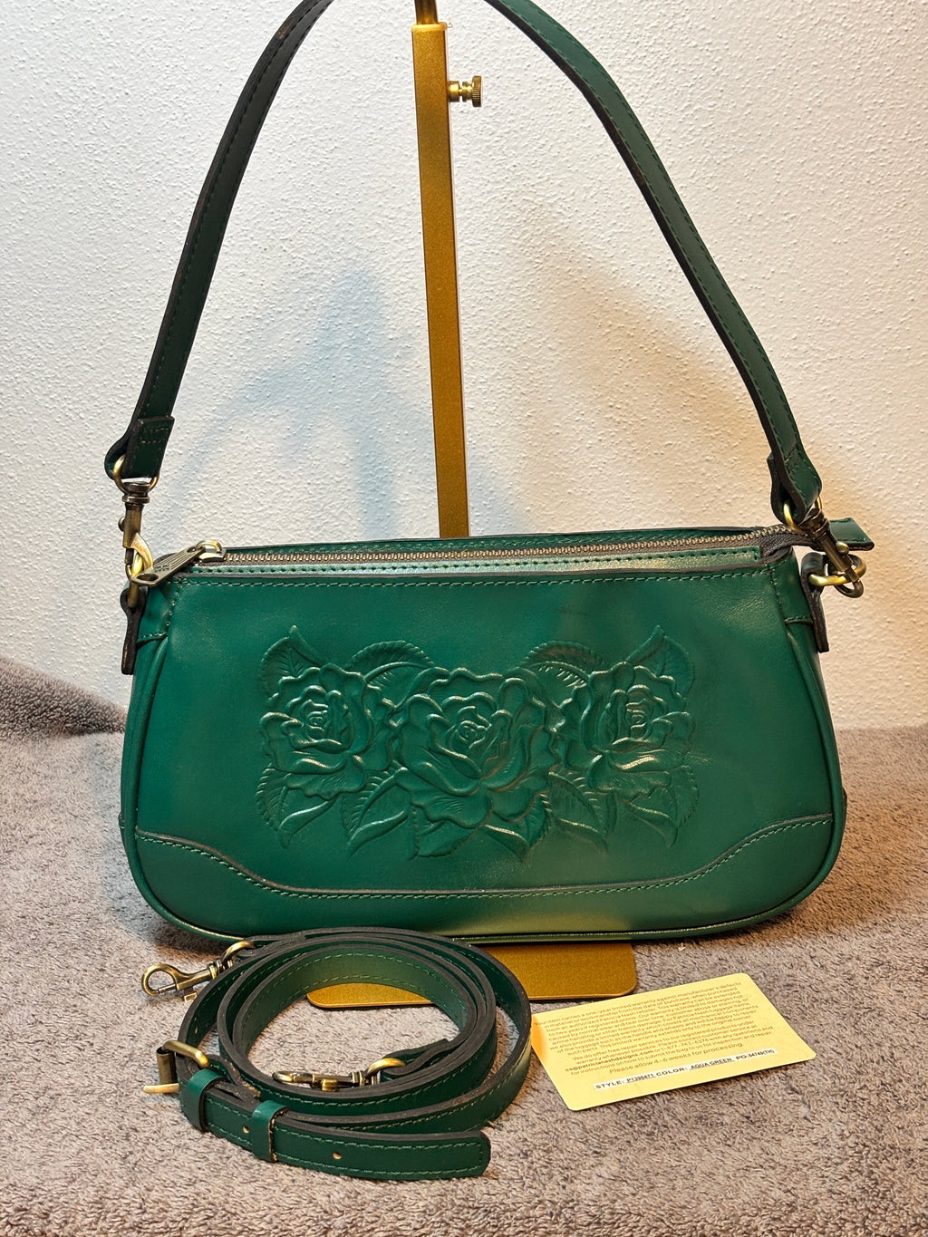 Patricia Nash Aqua Green Embossed Rose Leather Shoulder Crossbody Bag