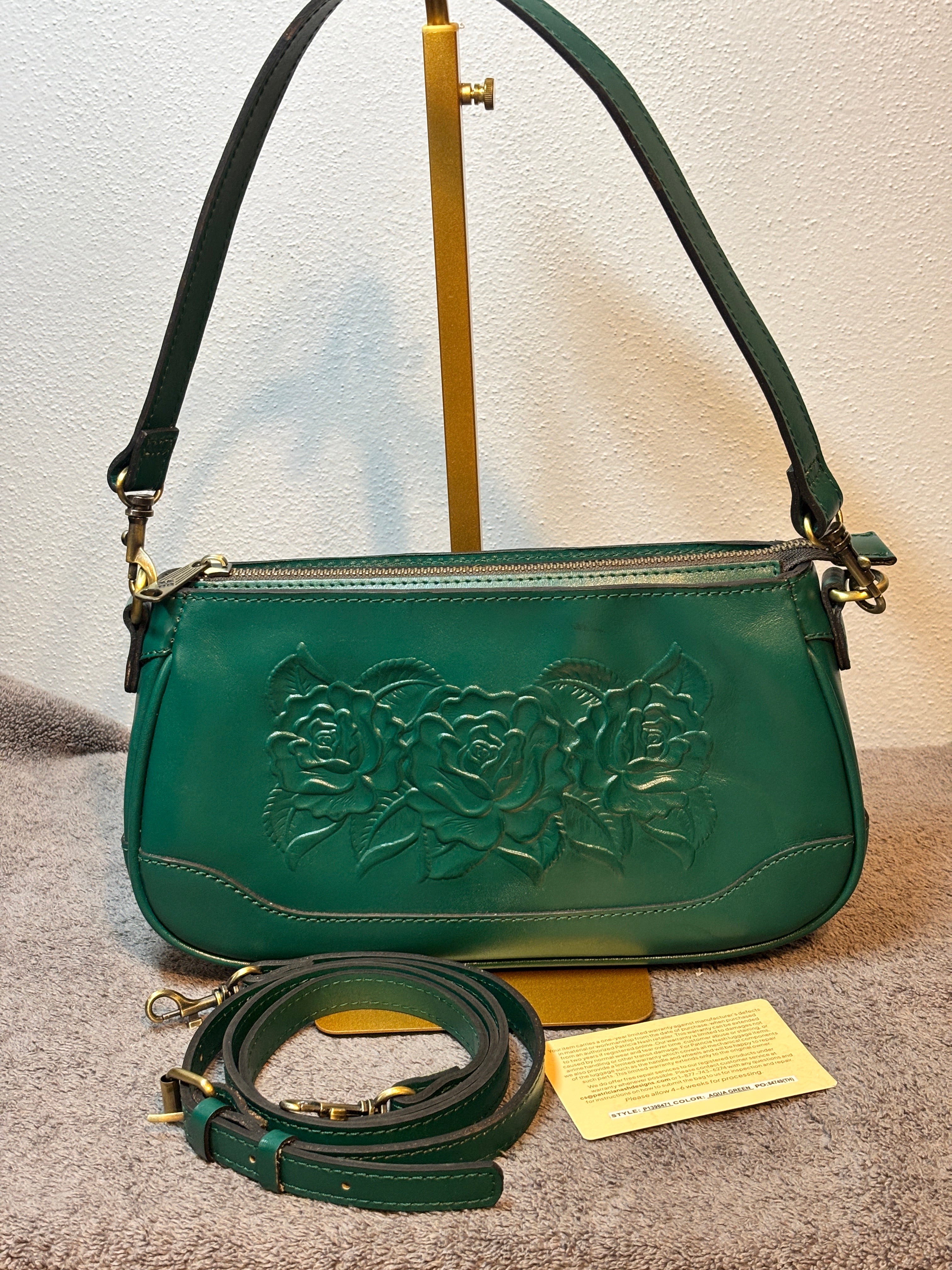 Patricia Nash Aqua Green Embossed Rose Leather Shoulder Crossbody Bag