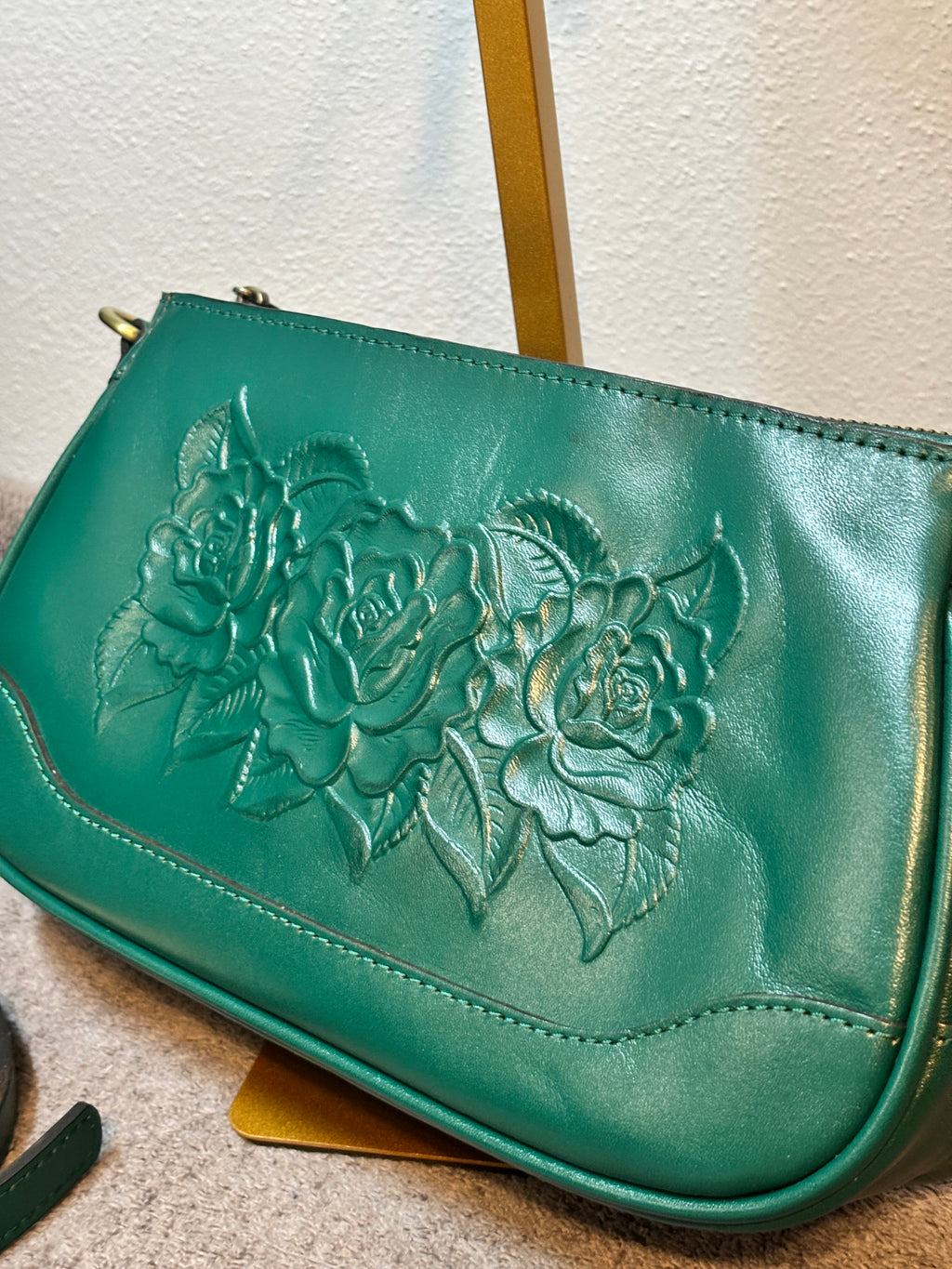 Patricia Nash Aqua Green Embossed Rose Leather Shoulder Crossbody Bag