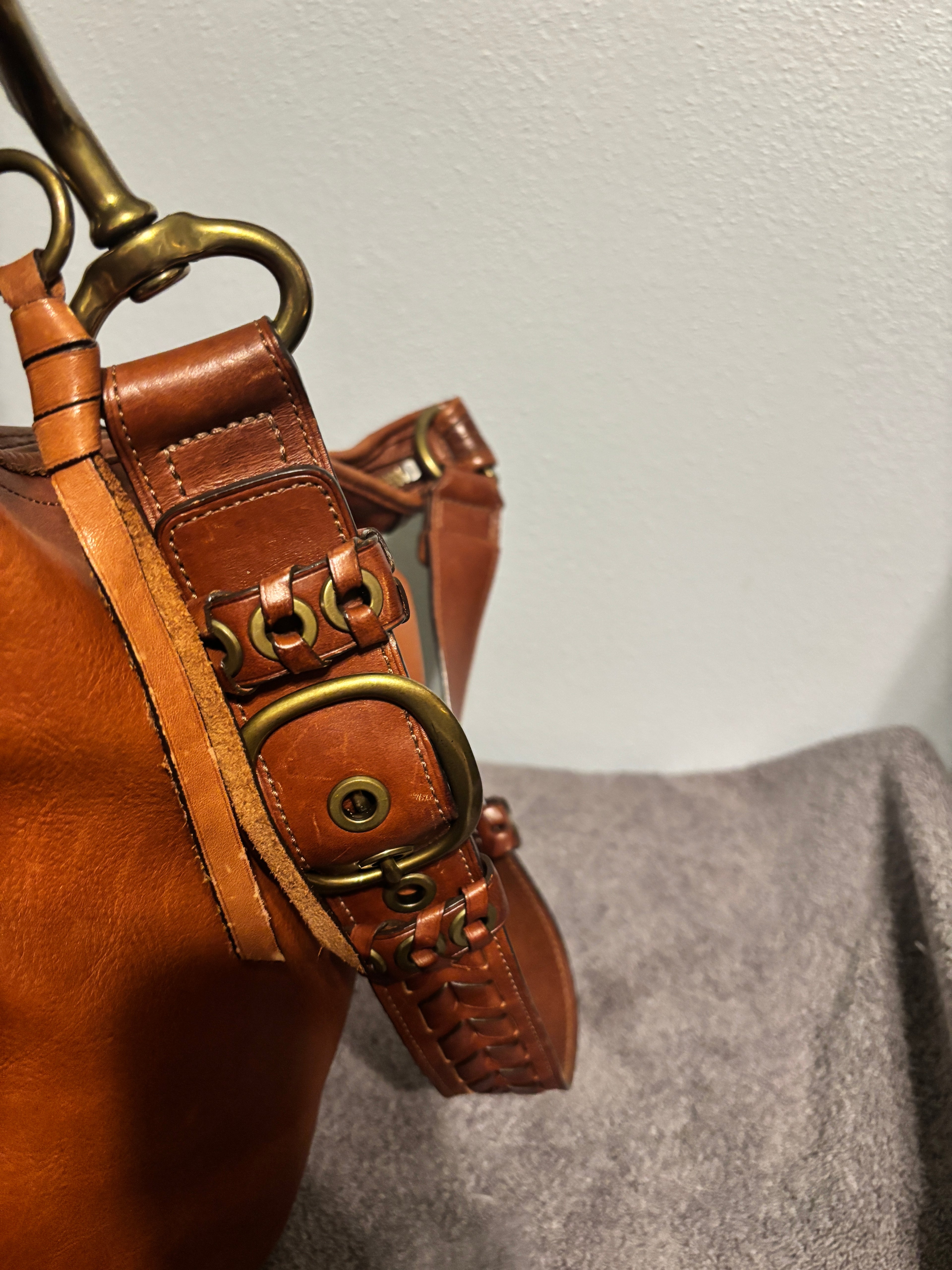 Coach Bleecker XL Leather Duffle Bag 11423 Brown with Tattersall Lining