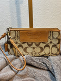 Coach Leatherware Signature Canvas Tan Leather Wristlet Pouch