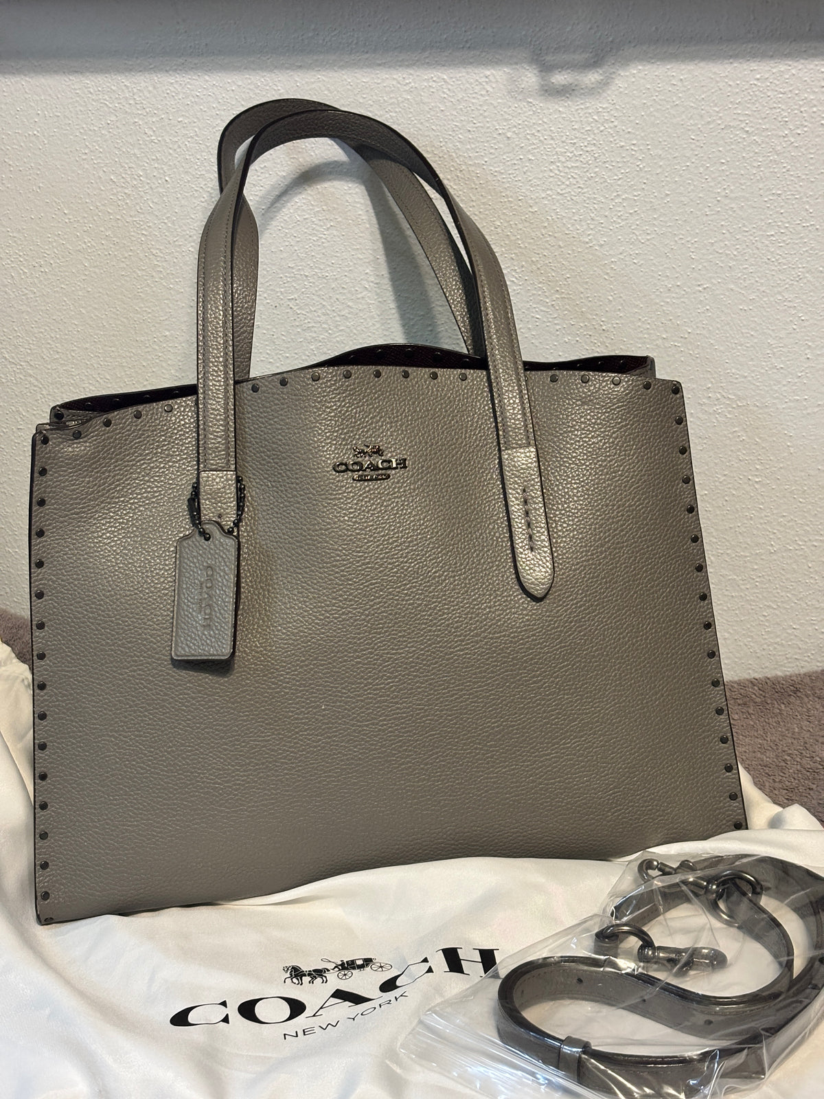 Coach Charlie Carryall Gray Rivets Leather Tote Crossbody 69609 Dust Bag