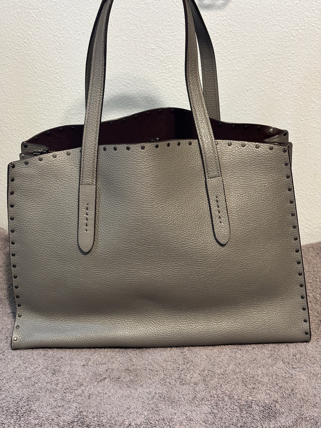 Coach Charlie Carryall Gray Rivets Leather Tote Crossbody 69609 Dust Bag