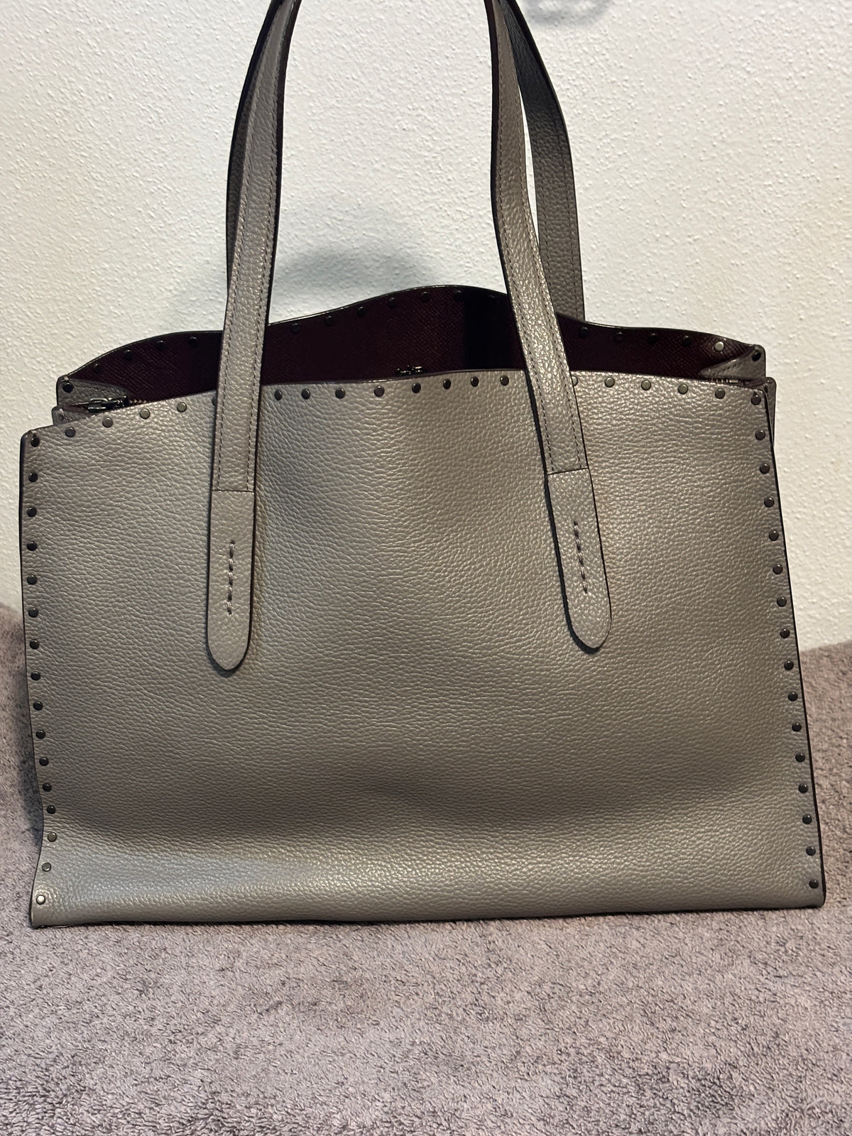 Coach Charlie Carryall Gray Rivets Leather Tote Crossbody 69609 Dust Bag