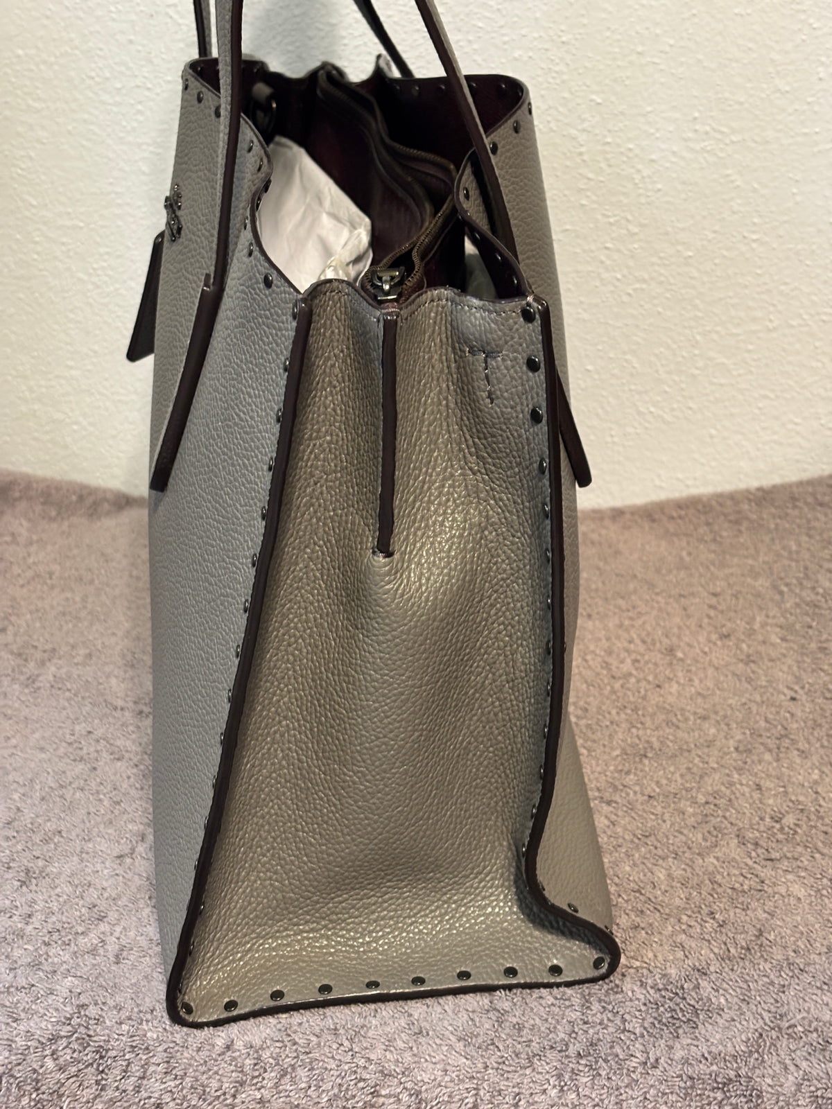 Coach Charlie Carryall Gray Rivets Leather Tote Crossbody 69609 Dust Bag