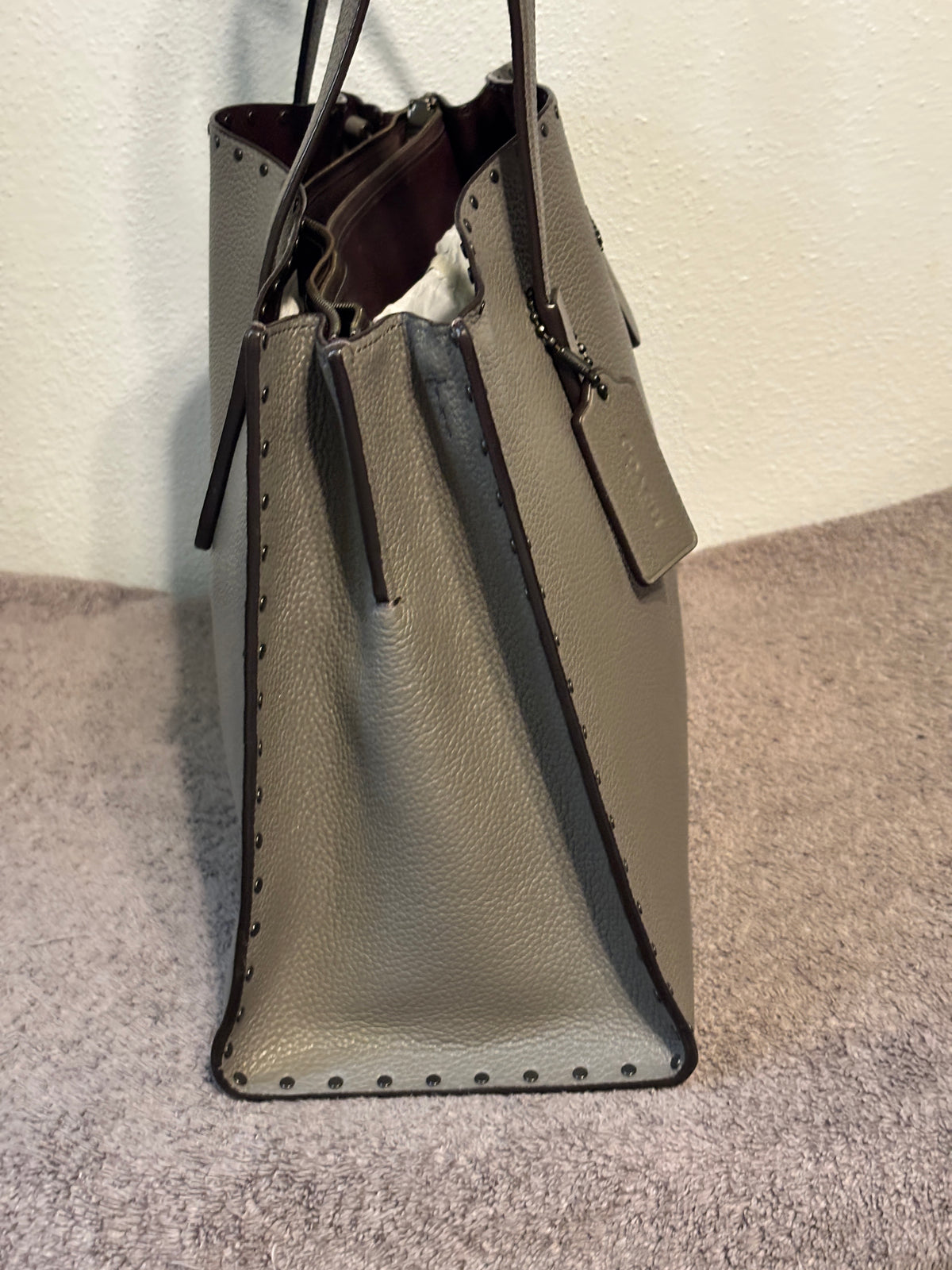 Coach Charlie Carryall Gray Rivets Leather Tote Crossbody 69609 Dust Bag