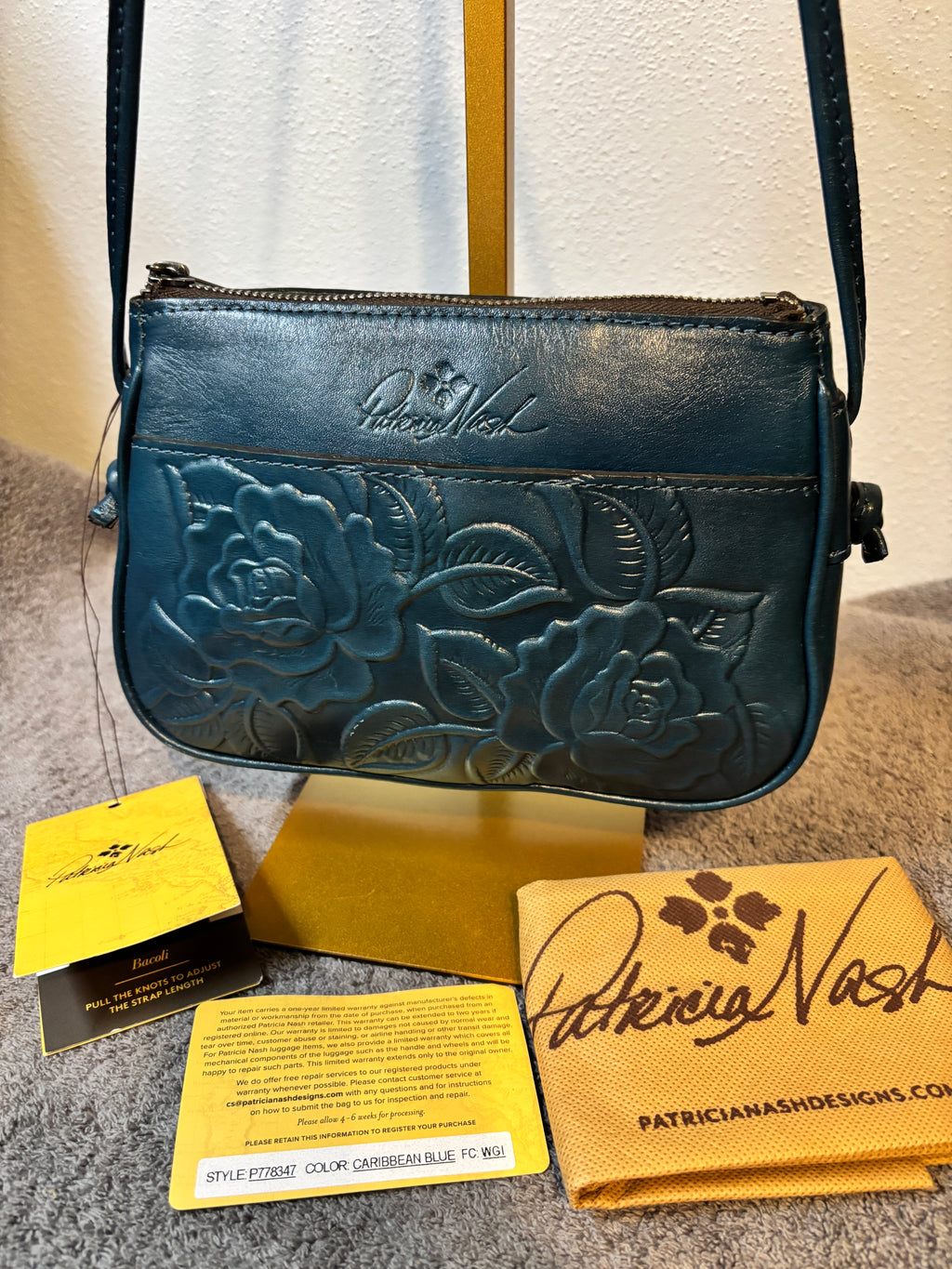 Patricia Nash Bacoli Caribbean Blue Tooled Leather Crossbody NWT Dust Bag