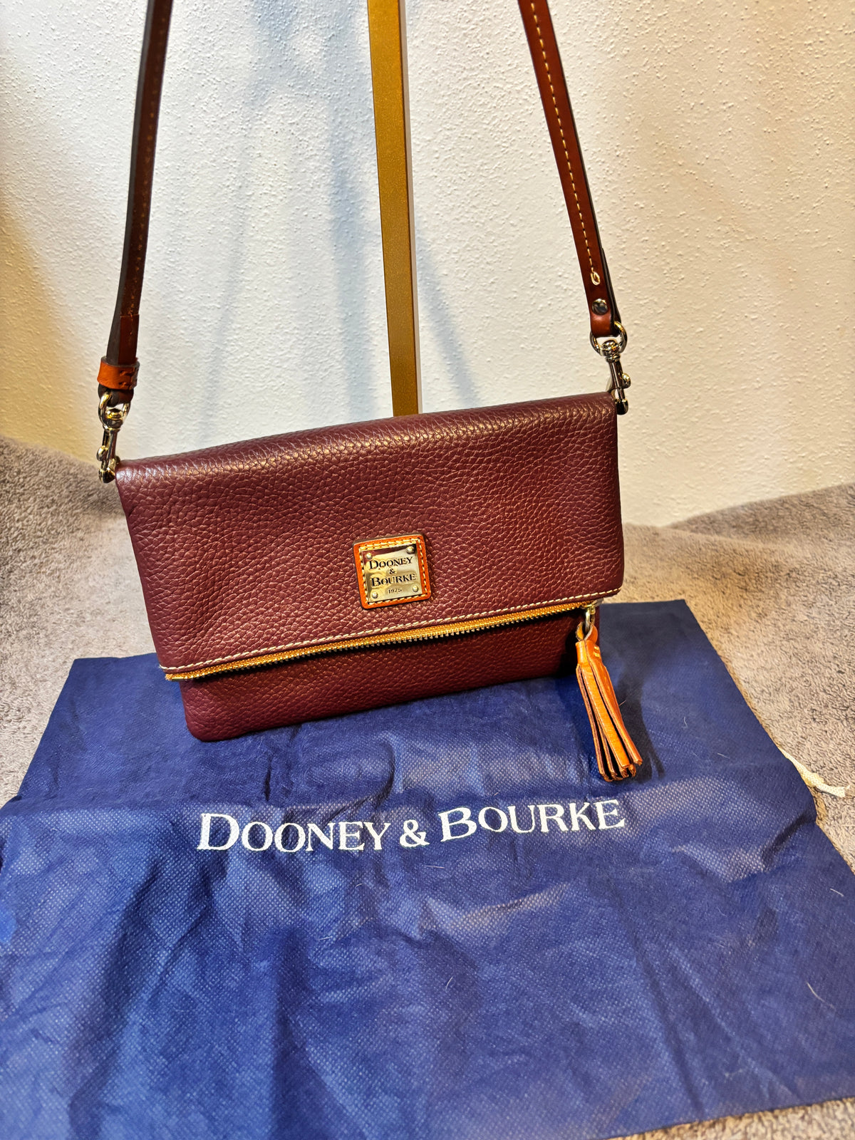 Dooney Bourke Burgundy Pebble Leather Flap Crossbody Tassel Dust Bag