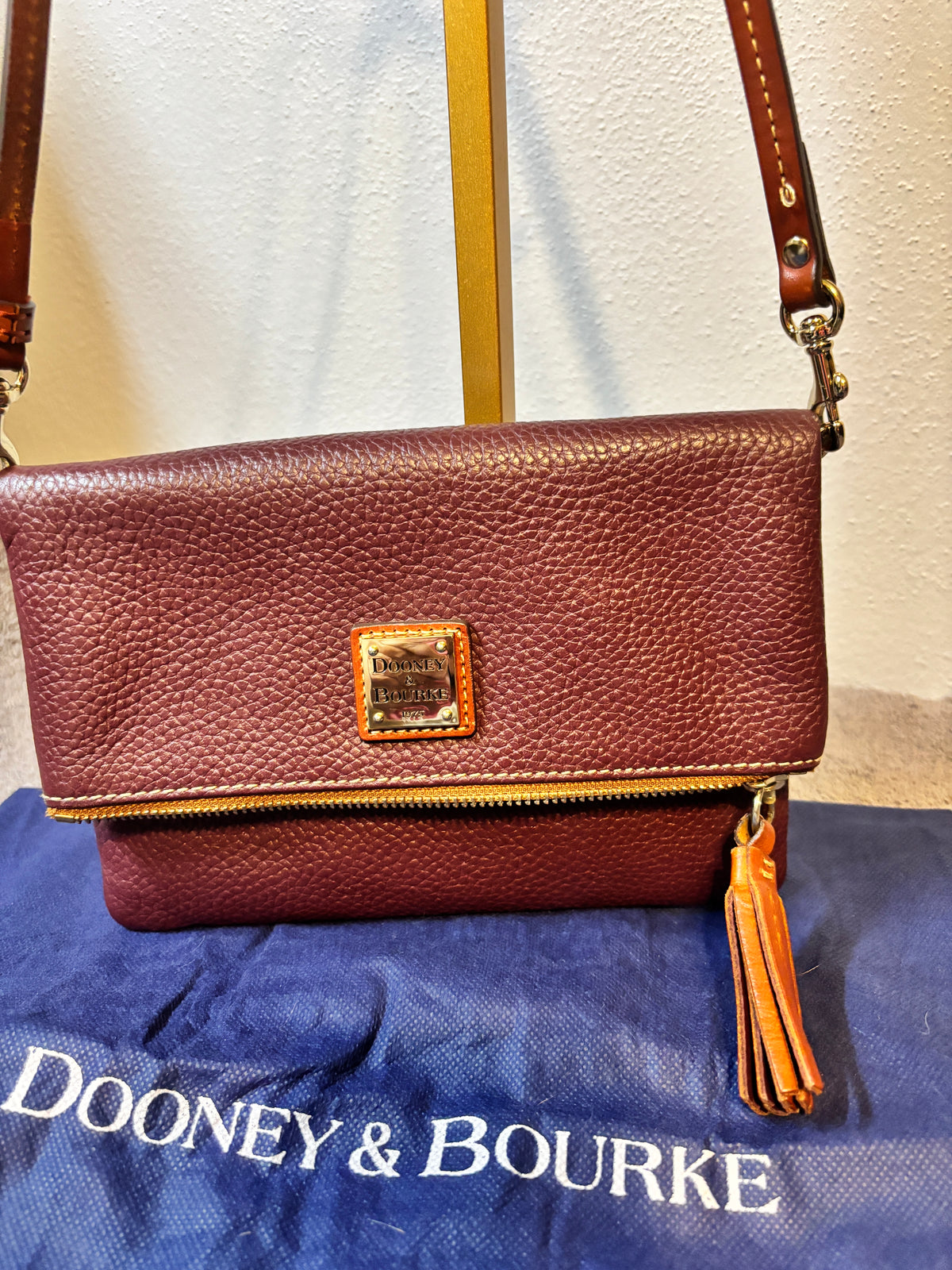 Dooney Bourke Burgundy Pebble Leather Flap Crossbody Tassel Dust Bag