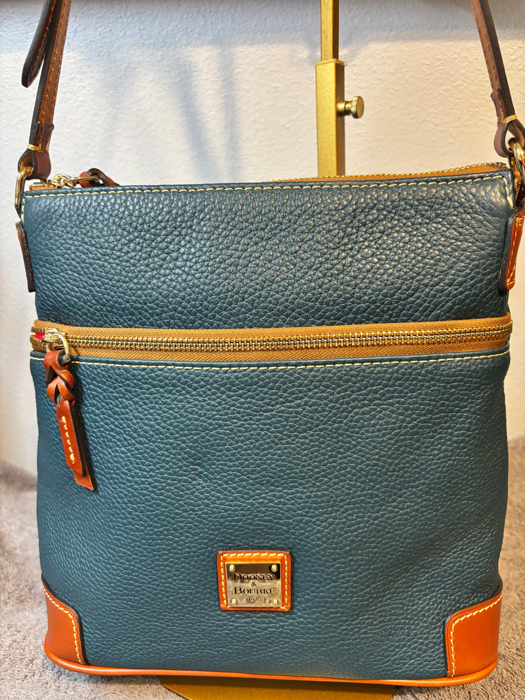 Dooney Bourke Pebble Leather Small Everyday Crossbody Teal Blue Tan Trim