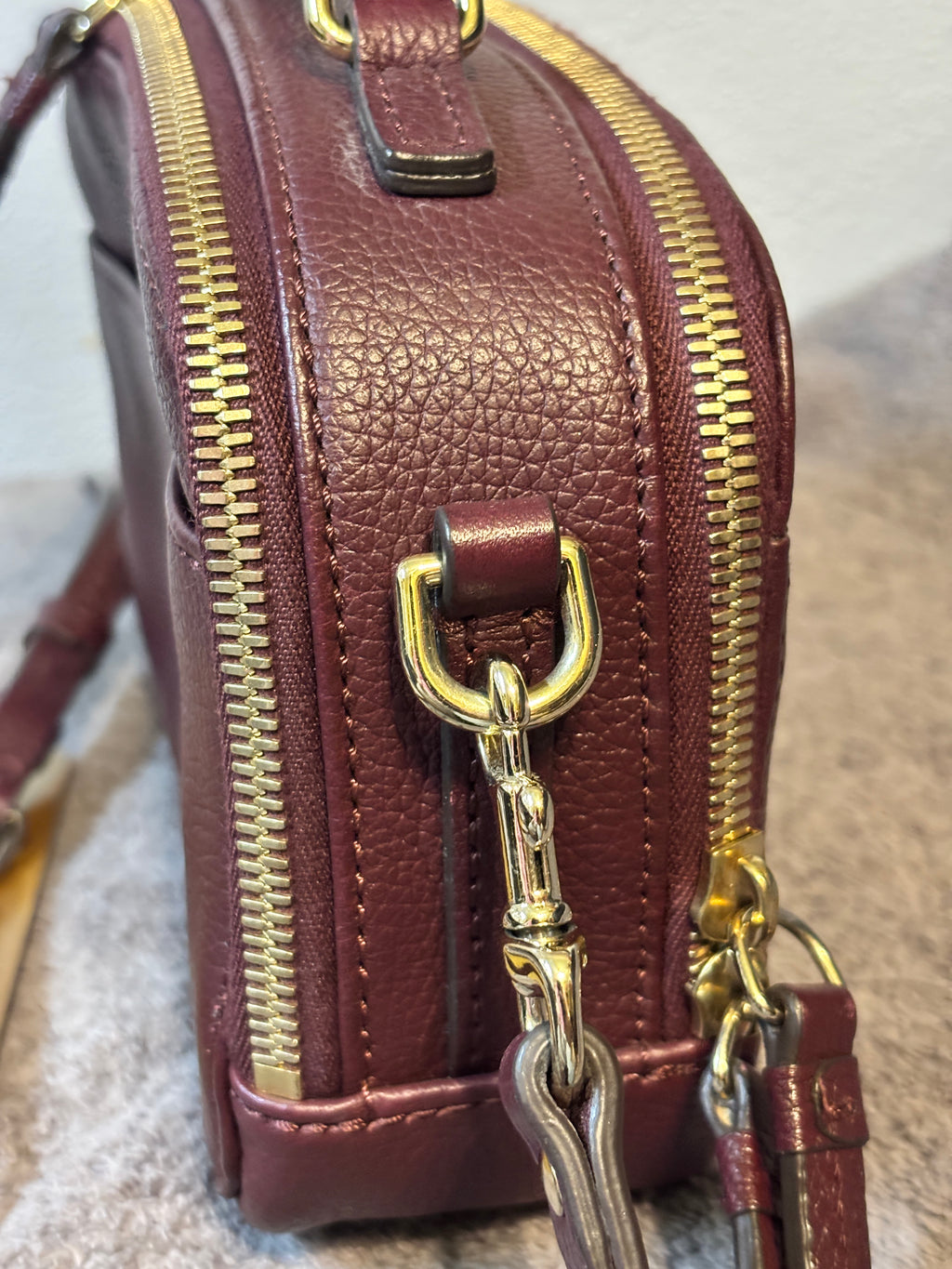 Dooney & Bourke Burgundy Leather Double Zip Camera Bag Crossbody