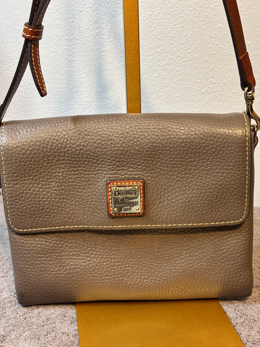 Dooney & Bourke Pebble Grain Taupe Flap Crossbody Brown Trim Leather Bag