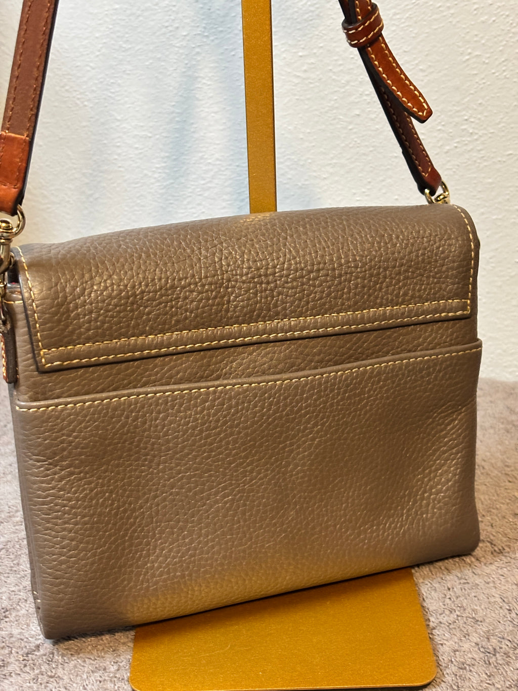 Dooney & Bourke Pebble Grain Taupe Flap Crossbody Brown Trim Leather Bag