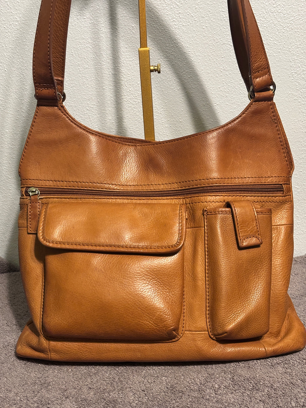 Fossil Tan Brown Leather Organizer Shoulder Bag Multi Pocket Purse