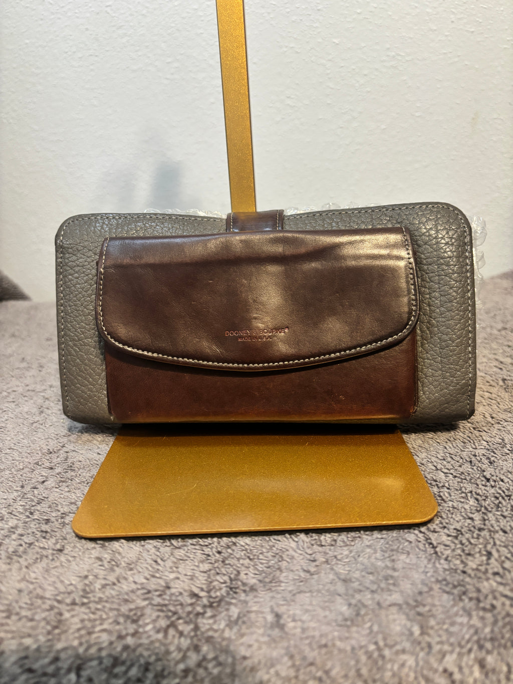 Rare Vintage Dooney and Bourke Grey/Brown Leather French Wallet Checkbook Set
