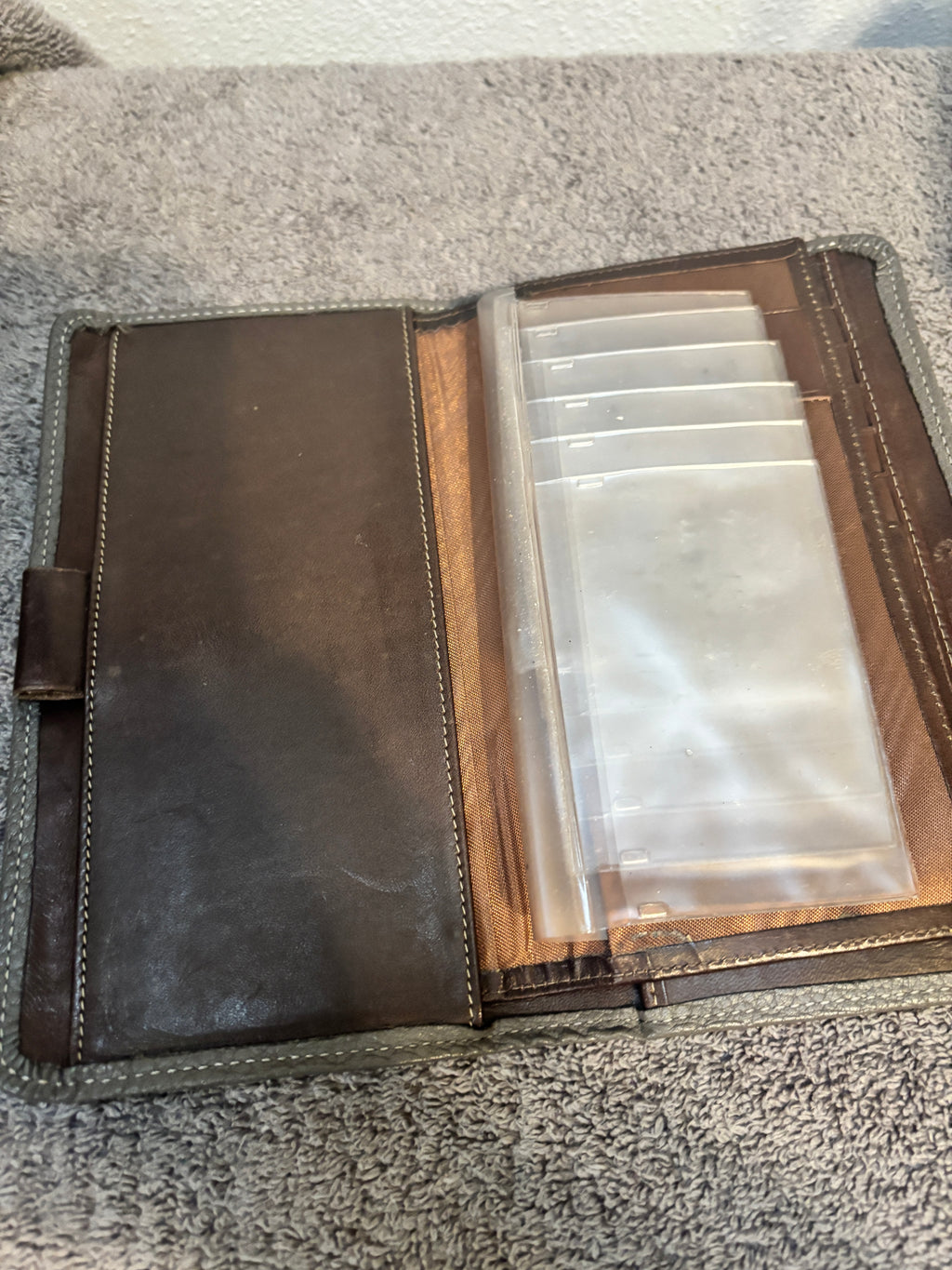 Rare Vintage Dooney and Bourke Grey/Brown Leather French Wallet Checkbook Set