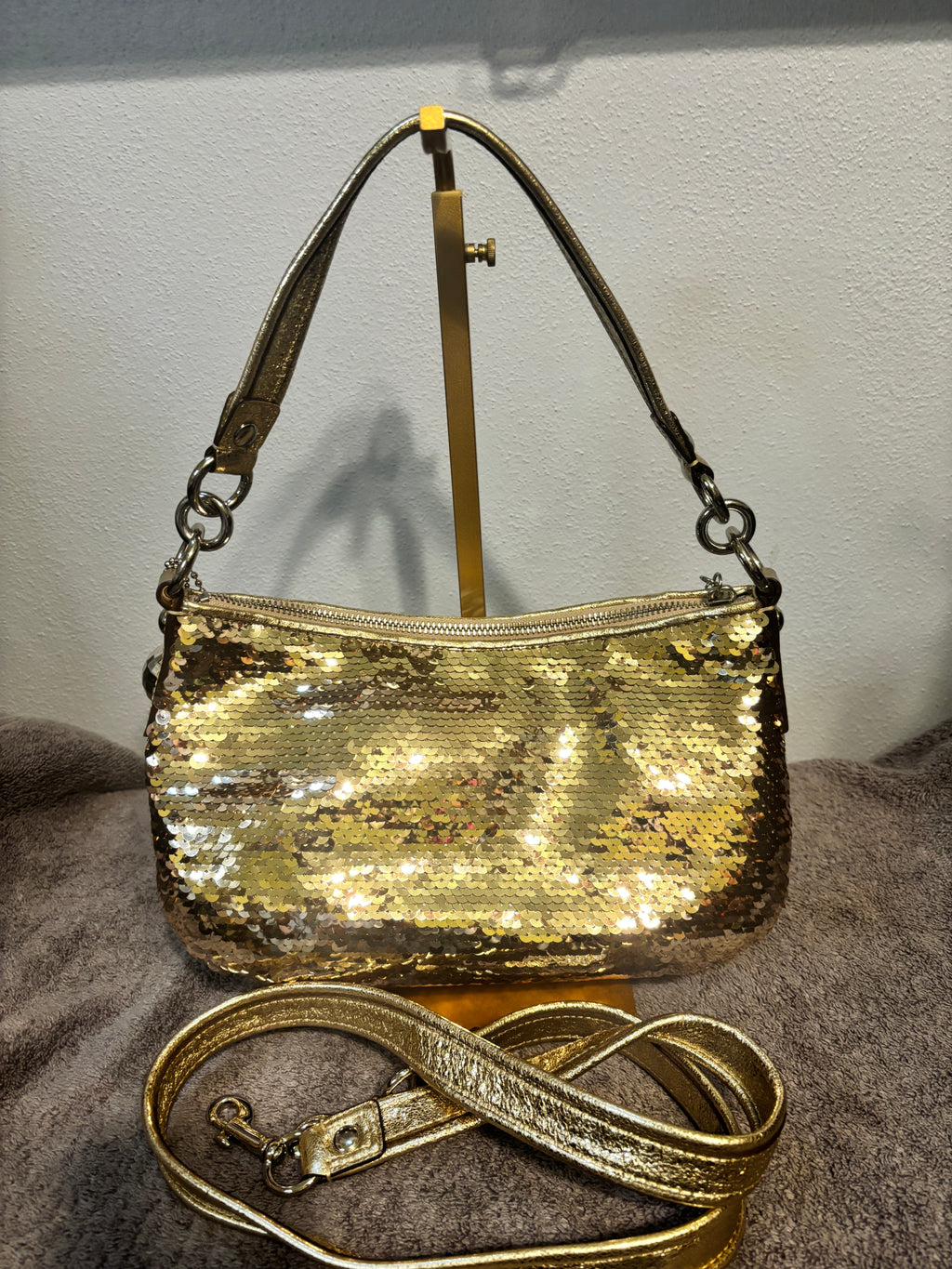 Rare Coach Poppy Sequin Groovy Spotlight Gold 3-Way Bag 15381