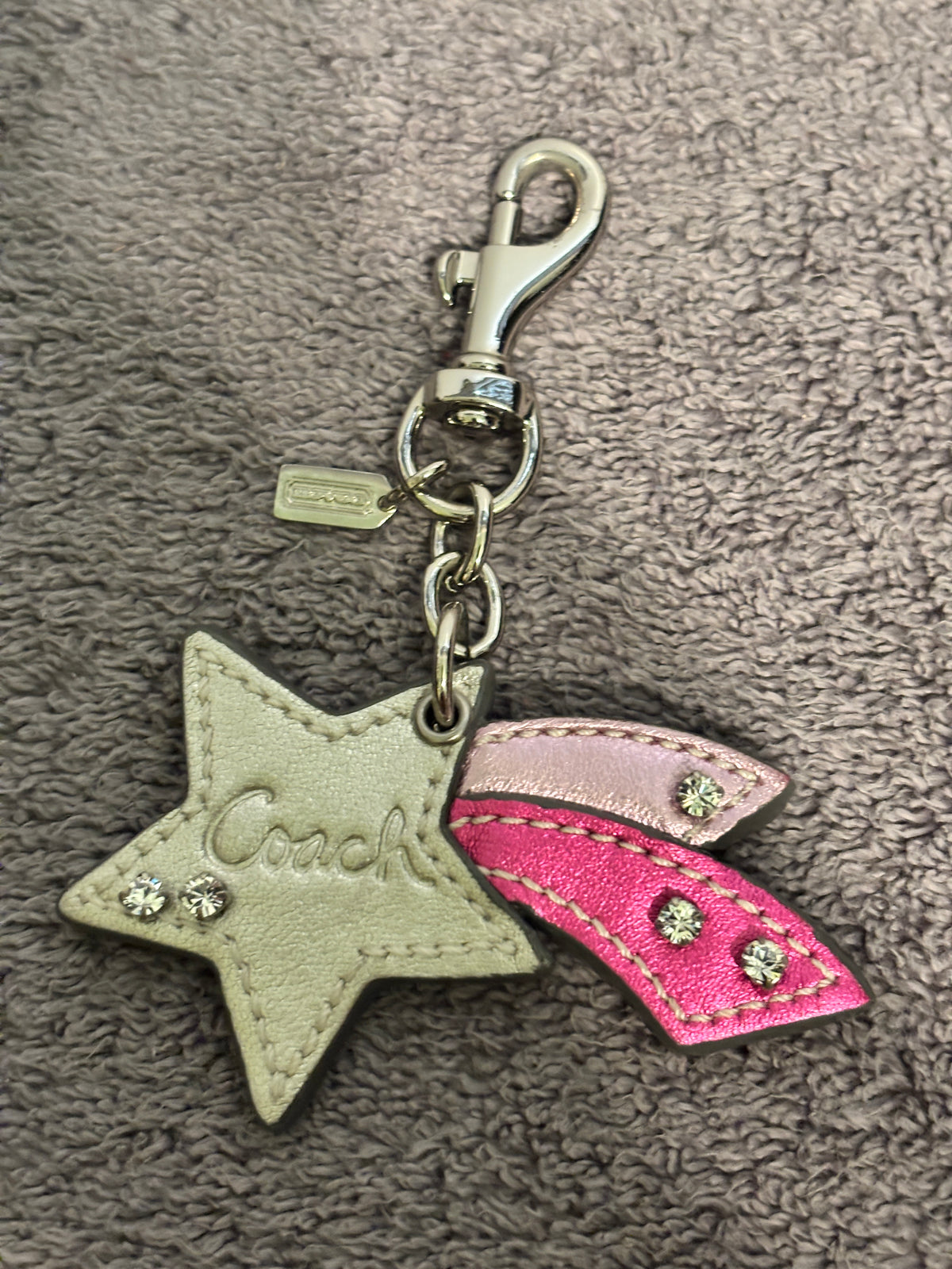 🌟 💕 Coach Shooting Star Bag Charm | Metallic Silver & Pink Leather Rhinestone Keychain ✨