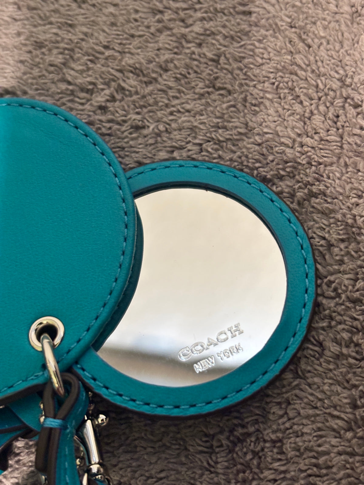🩵 ✨ Coach Round Compact Mirror Bag Charm | Turquoise Leather with Tassel & Wrist Strap 🪞