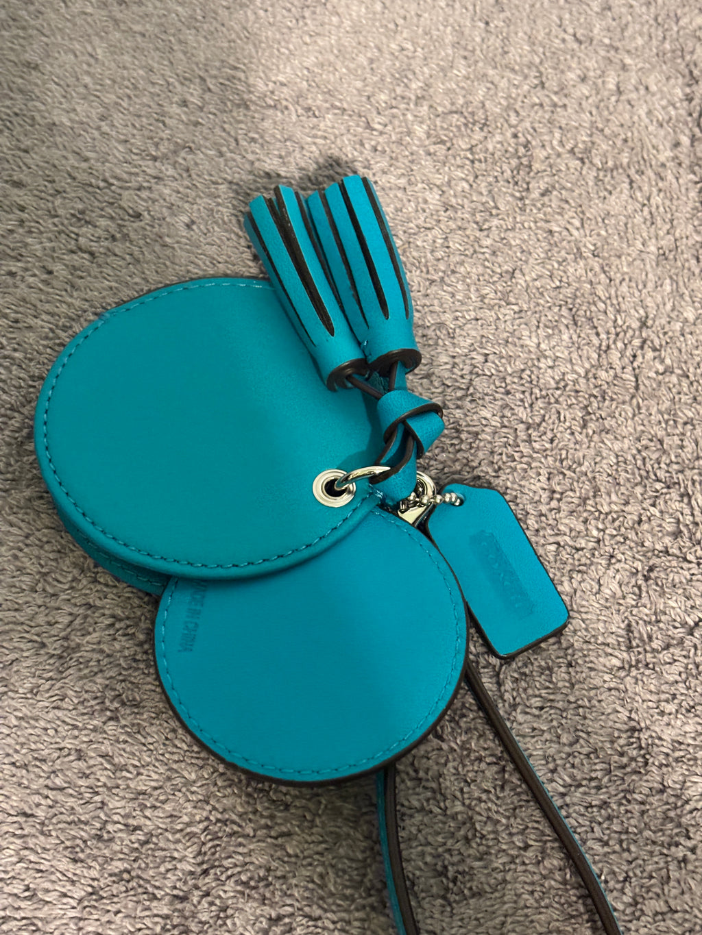 🩵 ✨ Coach Round Compact Mirror Bag Charm | Turquoise Leather with Tassel & Wrist Strap 🪞