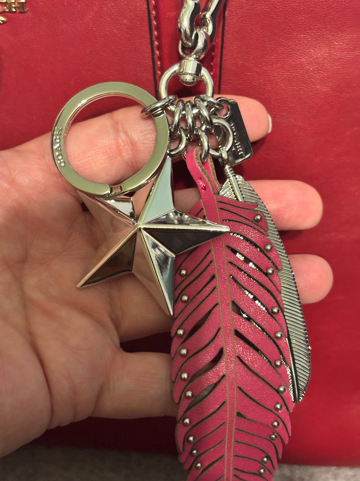 💕 Coach Raspberry Leather Feather Bag Charm | Silver Star & Feather ⭐