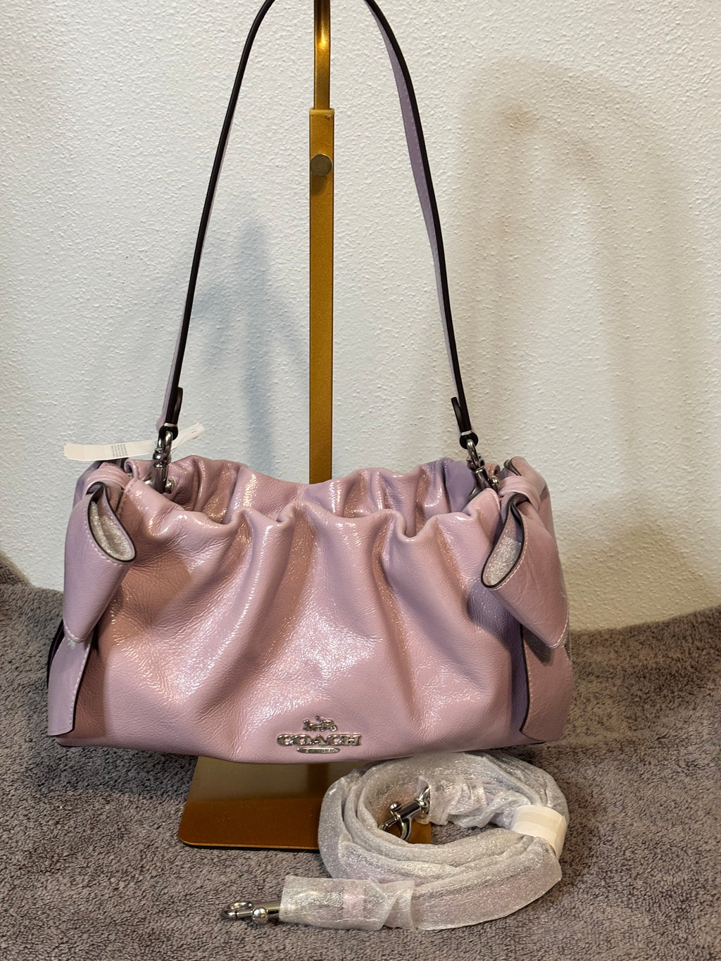 Coach Faye Shoulder Bag Light Amethyst Shiny Crinkle Leather Bow Detail NWT