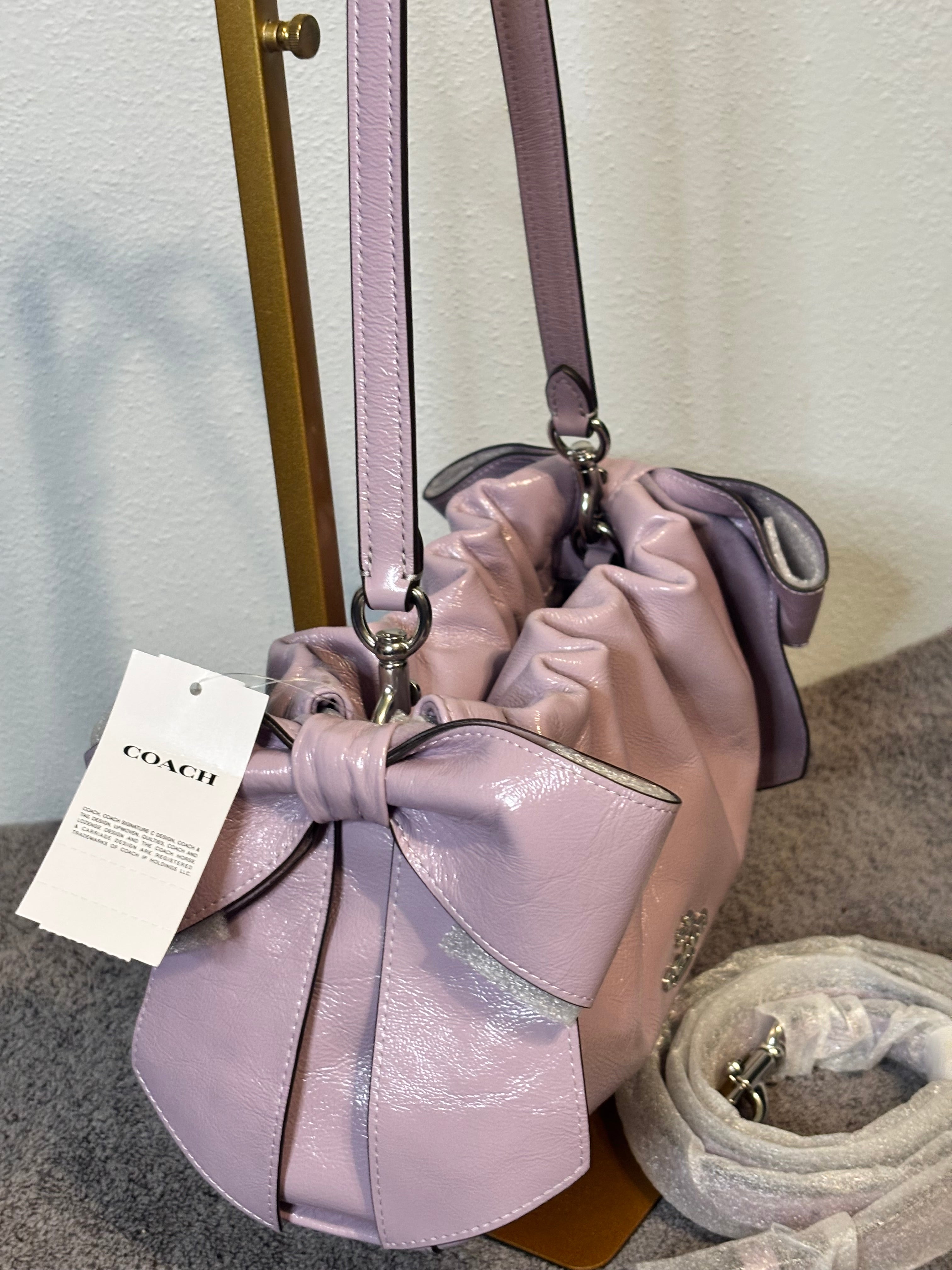 Coach Faye Shoulder Bag Light Amethyst Shiny Crinkle Leather Bow Detail NWT
