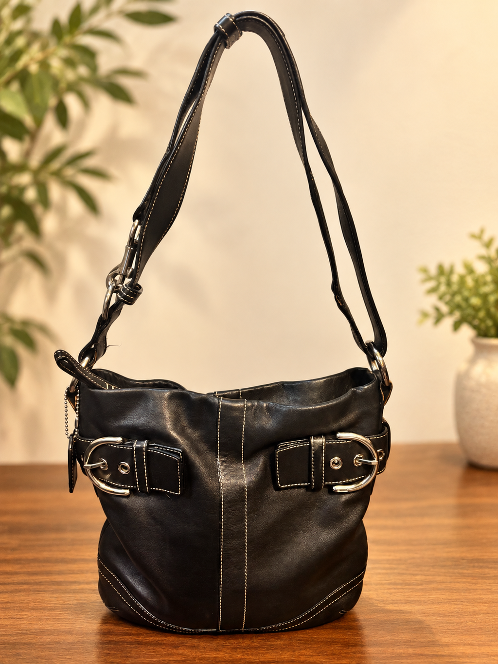 Coach 6050 Black Leather Hobo Bucket Shoulder Crossbody Bag Silver Hardware