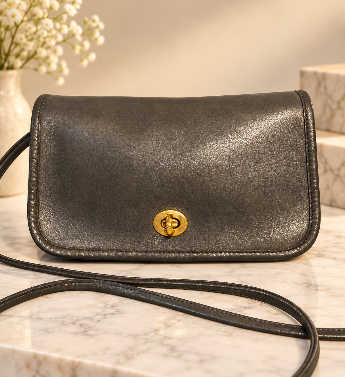 🩶✨ Vintage Coach Dinky 9375 | Flannel Gray Leather Crossbody | Pre-1994 USA Made 👜💕