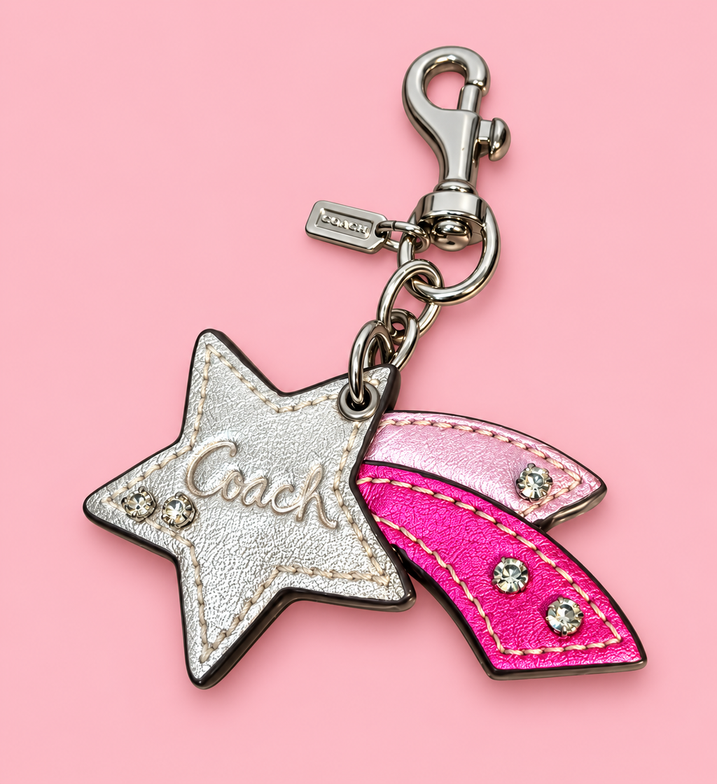 🌟 💕 Coach Shooting Star Bag Charm | Metallic Silver & Pink Leather Rhinestone Keychain ✨