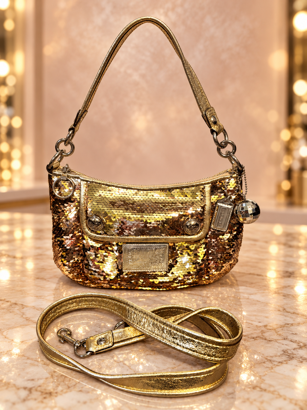 Rare Coach Poppy Sequin Groovy Spotlight Gold 3-Way Bag 15381