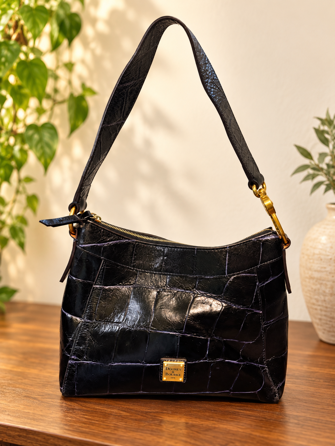 Dooney and Bourke Large Pembrook Cassidy Black Croc Embossed Hobo