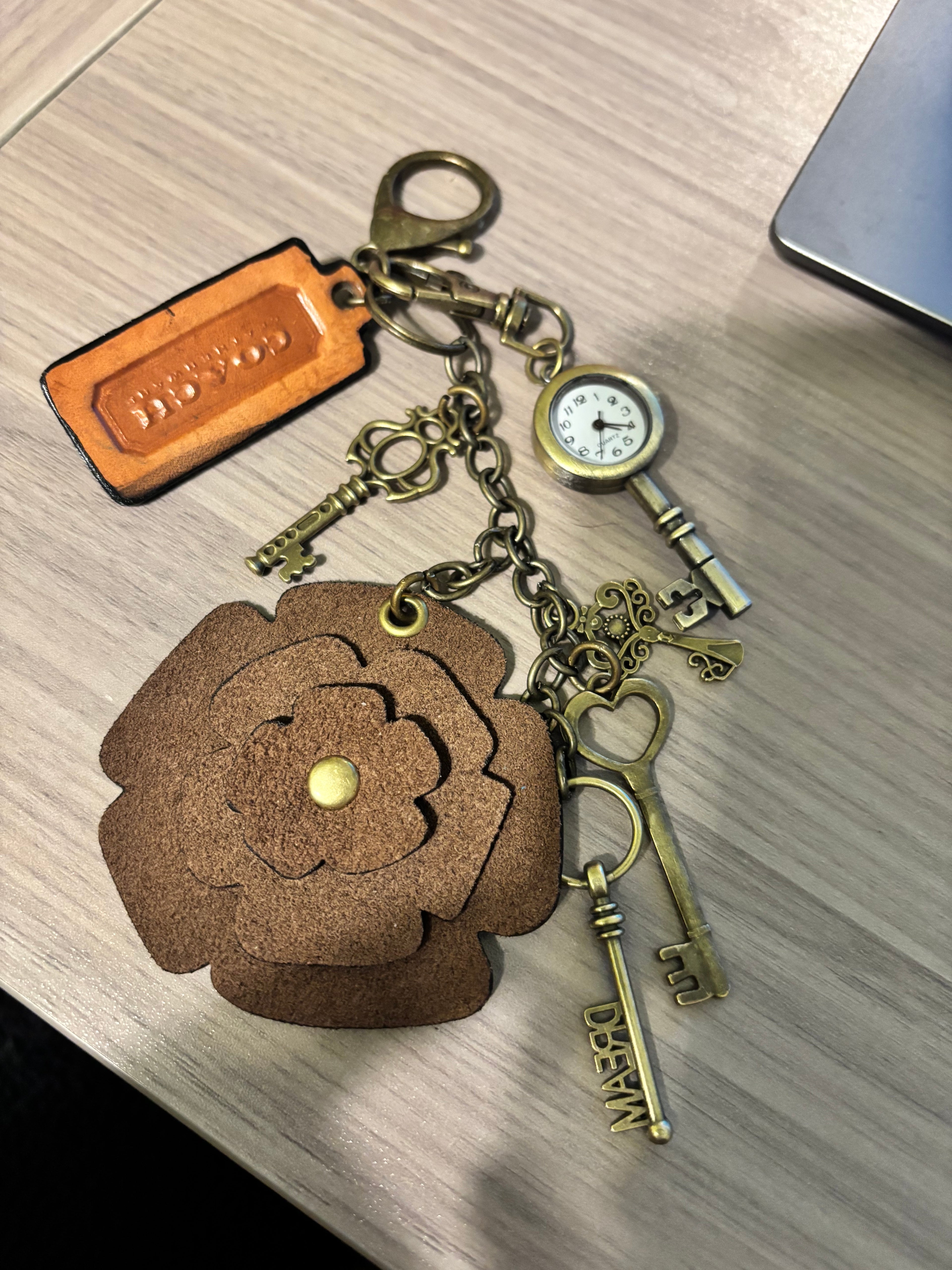 Handmade Upcycled Coach charm- Brown Text- BrownFlower