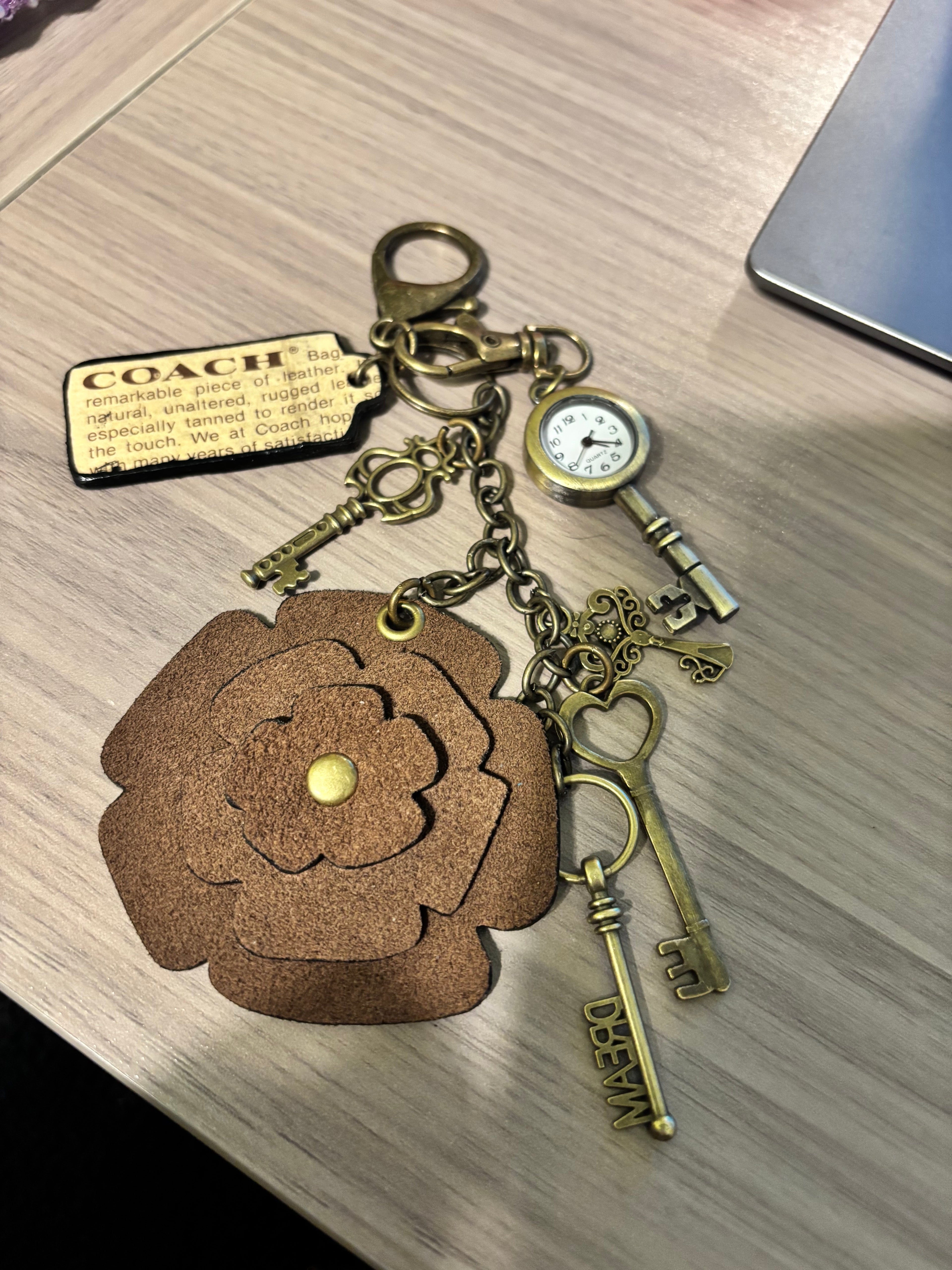 Handmade Upcycled Coach charm- Brown Text- BrownFlower