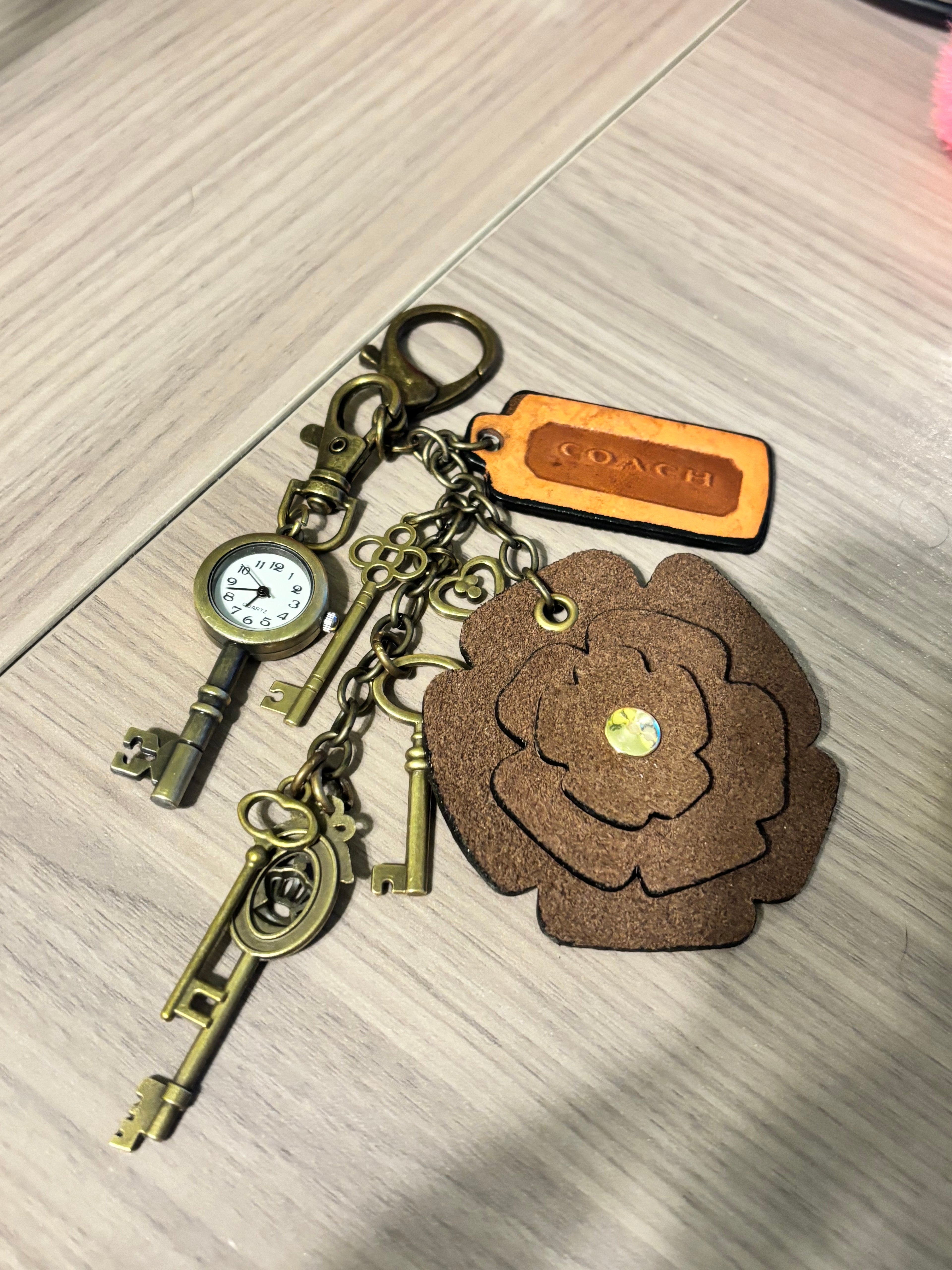 Handmade Upcycled Coach charm- Words-Brown Flower