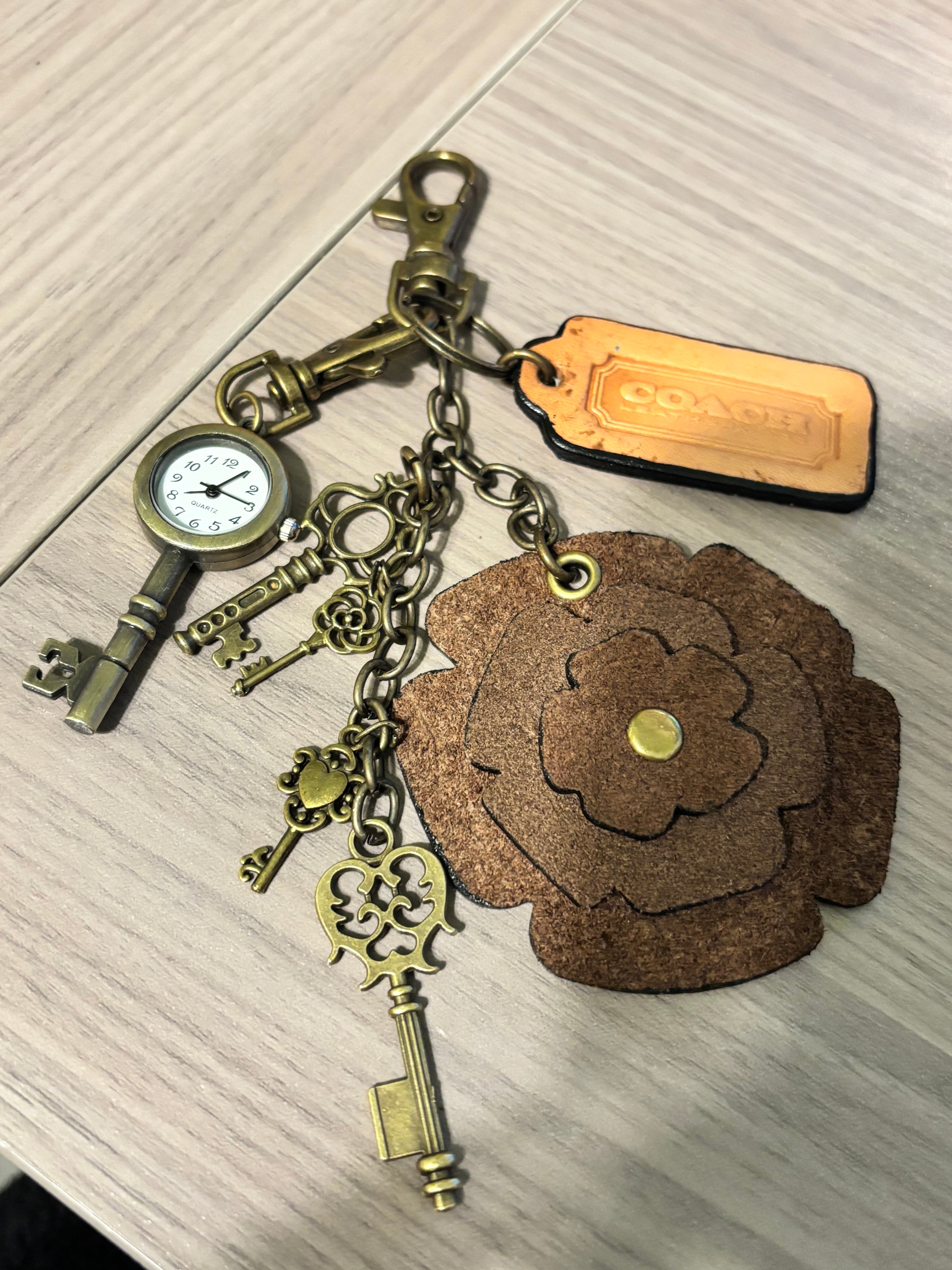 Handmade Upcycled Coach charm- Red Words-Brown Flower