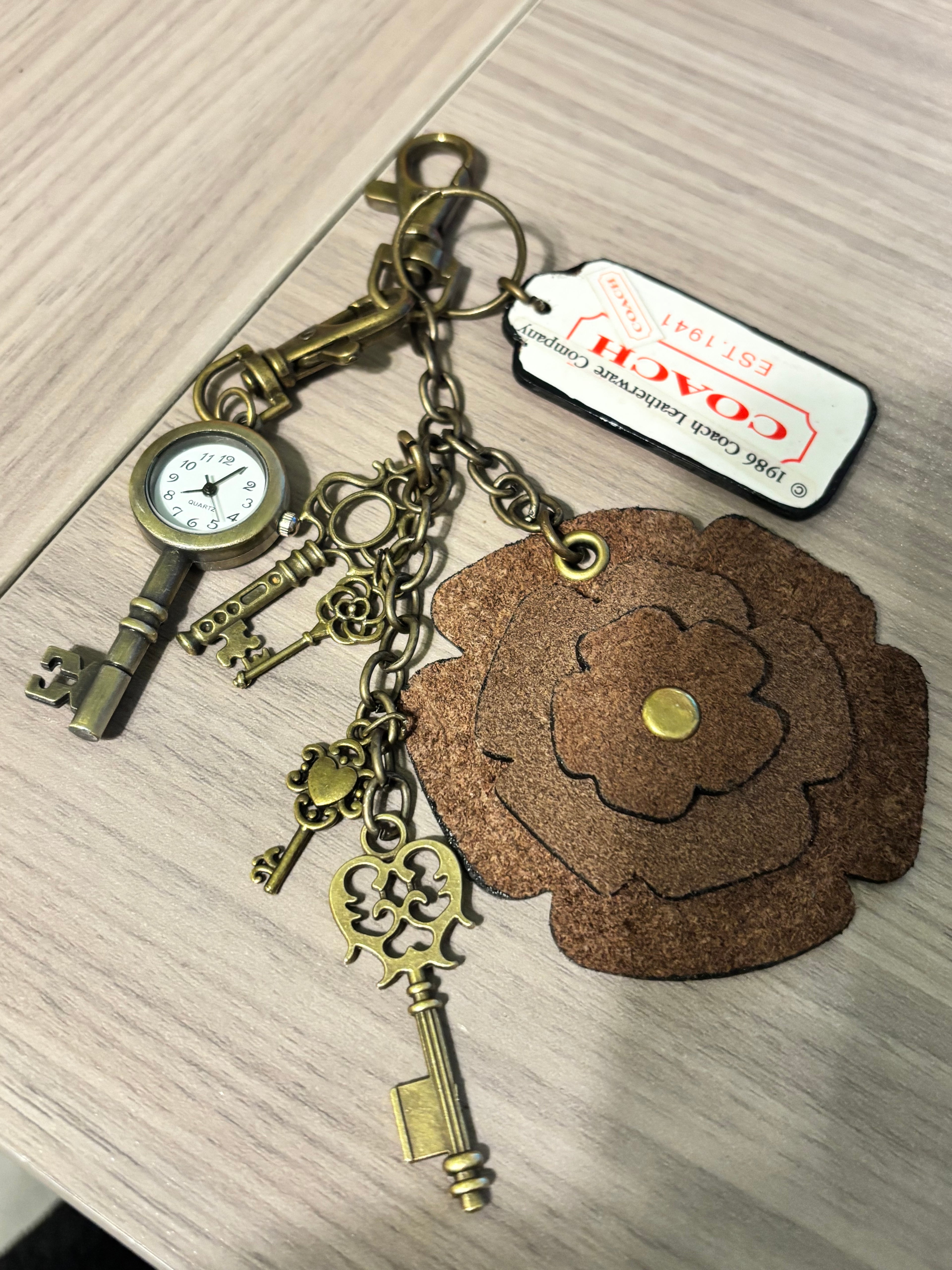 Handmade Upcycled Coach charm- Red Words-Brown Flower