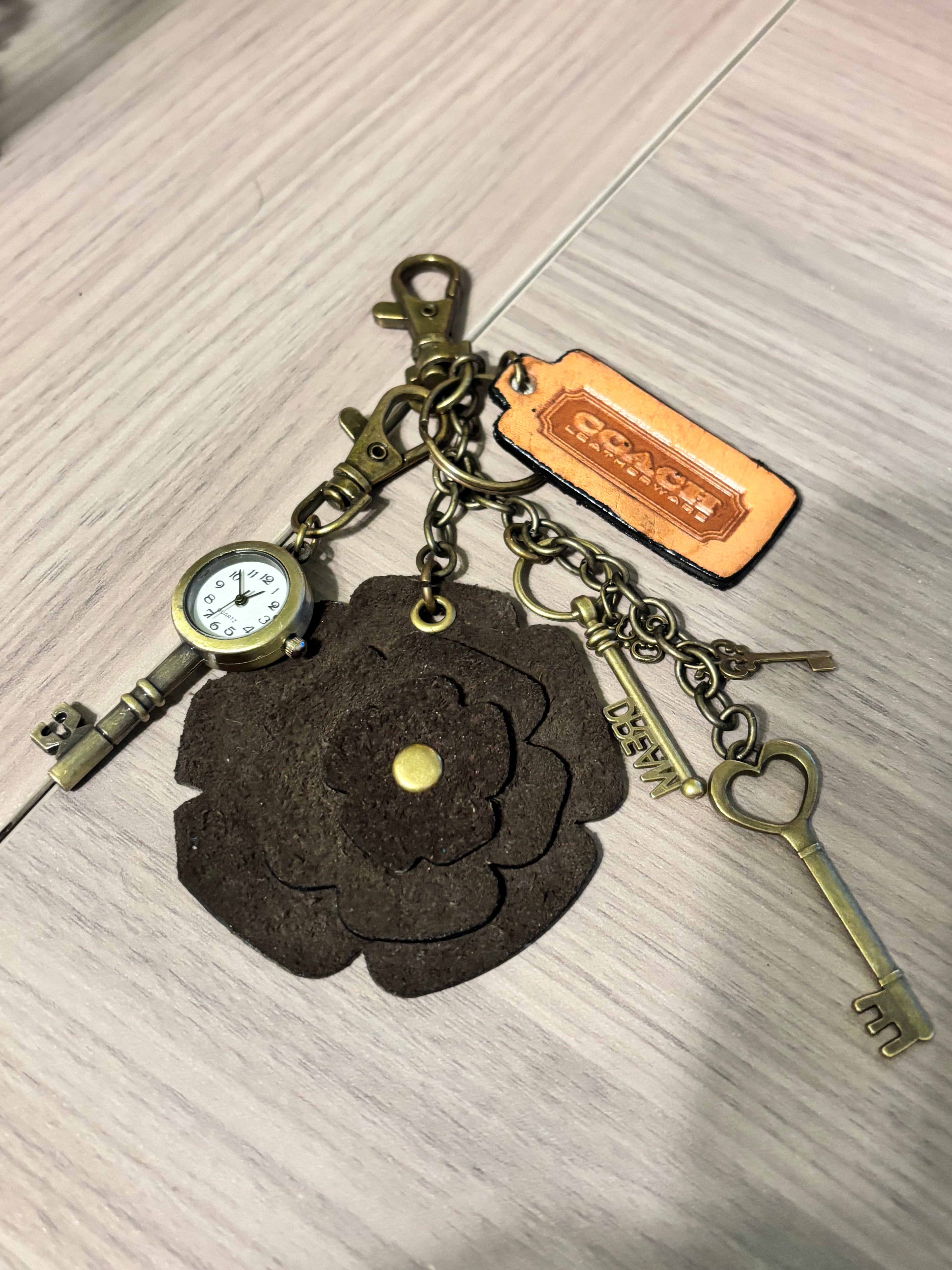 Handmade Upcycled Coach charm- Muslin Bag-Dark Brown Flower