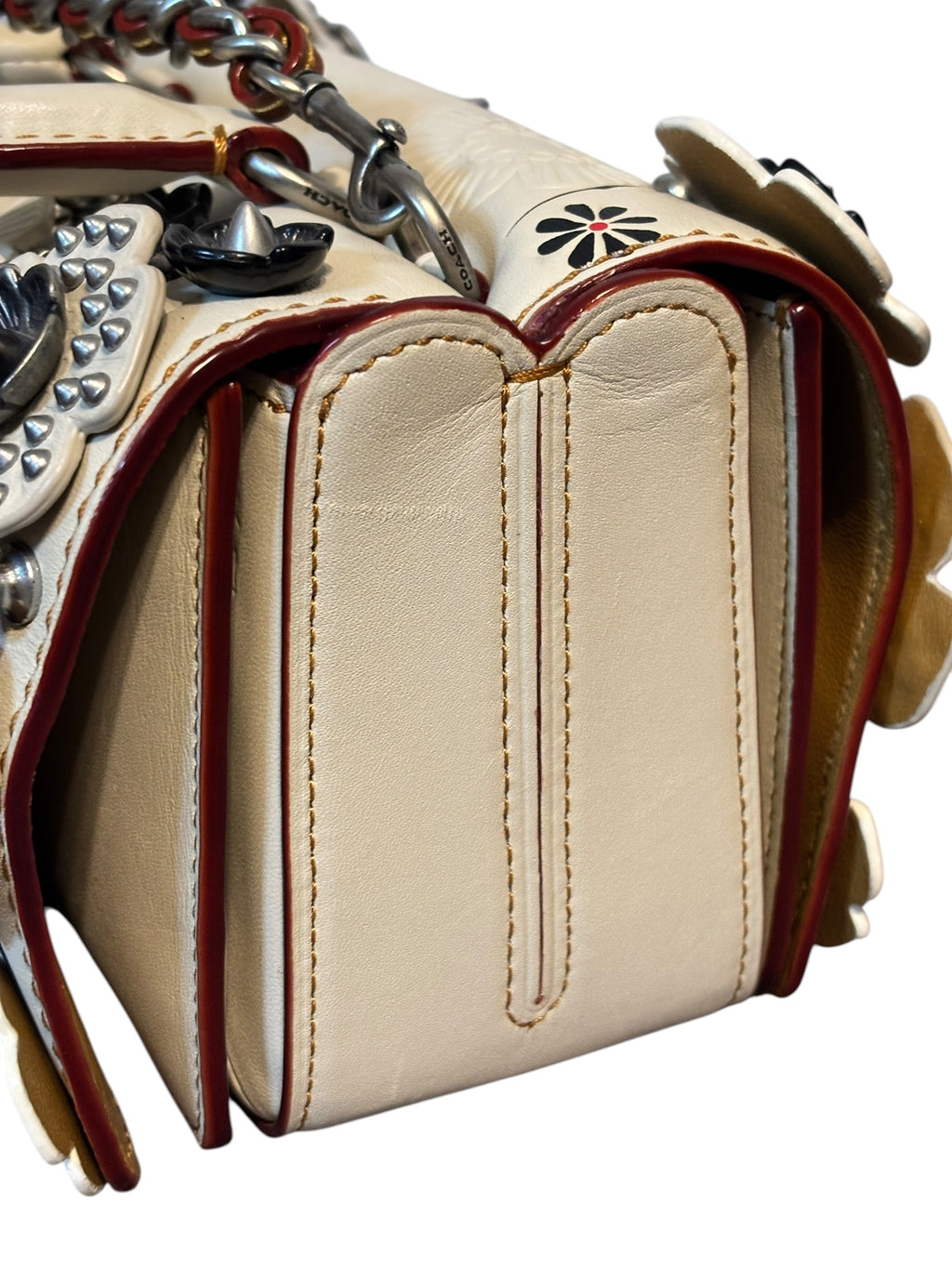Coach Double Dinky Tea Rose Appliqué Bag – Rare Studded Floral Crossbody in Chalk Glove Tanned Leather