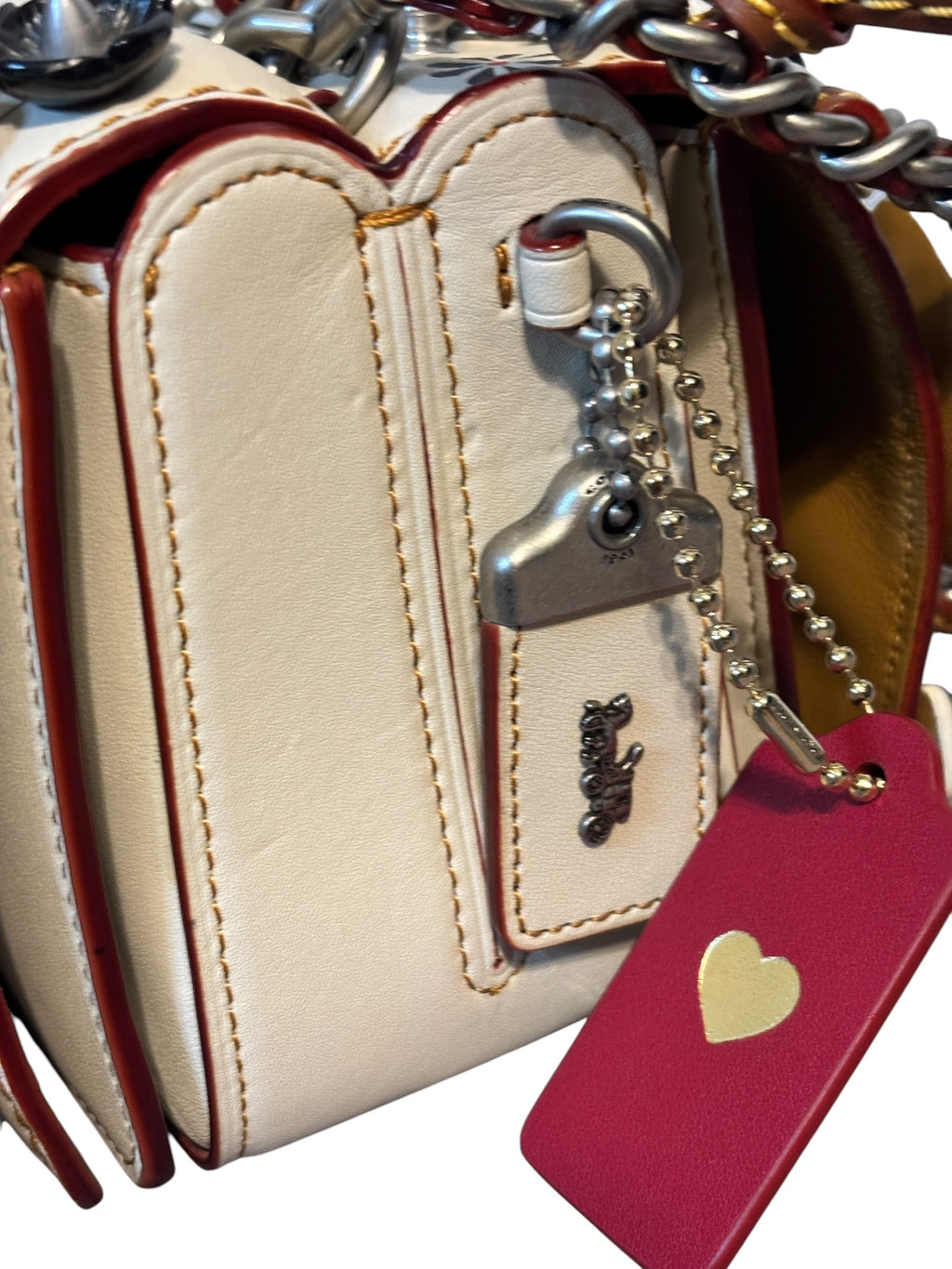 Coach Double Dinky Tea Rose Appliqué Bag – Rare Studded Floral Crossbody in Chalk Glove Tanned Leather