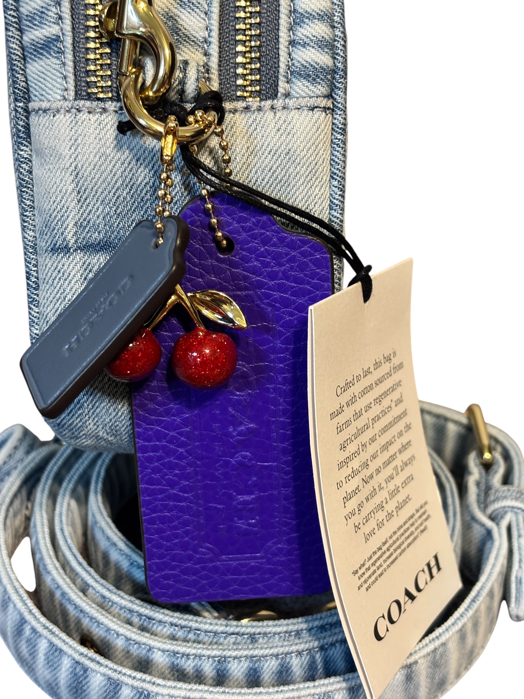 Coach Mini Carey Crossbody Faded Denim w Straps Purple Tag Cherry Charm NWT